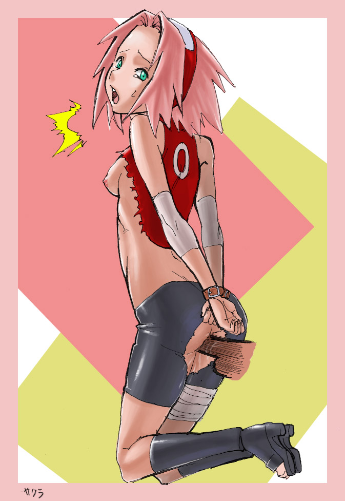 ass, bike shorts, bondage, female, hands behind back, human, konakona, male, naruto, naruto (series), nipples, penis, pink hair, rape, sakura haruno, sex, short hair, straight, tears, torn clothes