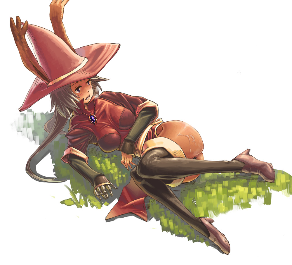 after_sex animal_ears breasts bunny_ears censored cum cum_on_body cum_on_lower_body dark-skinned_female dark_skin female final_fantasy final_fantasy_tactics_advance fur hat high_heels jewelry long_hair momigarakuntan necklace purple_eyes pussy red_mage shoes silver_hair solo thighhighs viera witch_hat