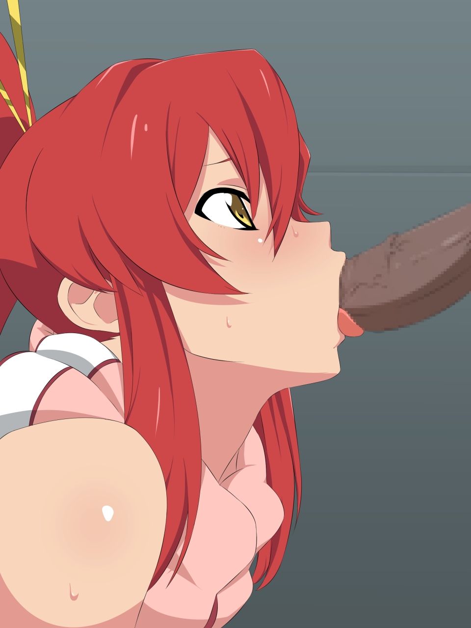 bare_shoulders blush censored fellatio female hair_ornament human imada_ya long_hair male oral penis ponytail red_hair scarf straight sweat tengen_toppa_gurren_lagann tied_hair tongue tongue_out yellow_eyes yoko_littner