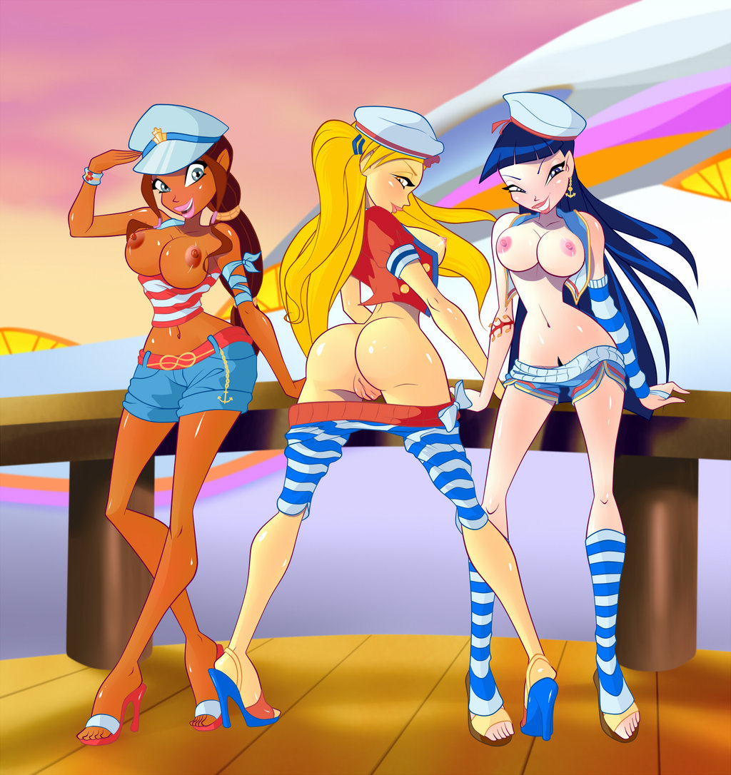 3girls aisha_(winx_club) amber_eyes areolae ass bare_calves bare_legs bare_midriff bare_shoulders belly big_ass bimbo black_hair blonde_hair blue_eyes blue_hair blush breasts breasts_out brown_hair bubble_butt calves clothes color dark-skinned_female dark_blue_hair dark_skin dat_ass earrings exposed_breasts eyeliner eyeshadow female female_focus female_only green_eyes hat high_heels hourglass_figure innie_pussy labia large_breasts layla_(winx_club) legs legwear lipstick long_hair long_legs looking_at_viewer makeup mascara medium_breasts multiple_girls musa musa_(winx_club) navel nipples open_toe_shoes pants_down pinup ponytail pose posing presenting pubic_hair pubic_hair_peek purple_eyes pussy rainbow_(animation_studio) sailor sailor_cap sailor_hat sailor_uniform shoes short_shorts shorts sideboob skimpy skimpy_clothes smile smiling standing stella_(winx_club) striped striped_legwear tagme tank_top thighs thin_waist tied_hair vagina wasp_waist winx_club yacht yellow_eyes zfive