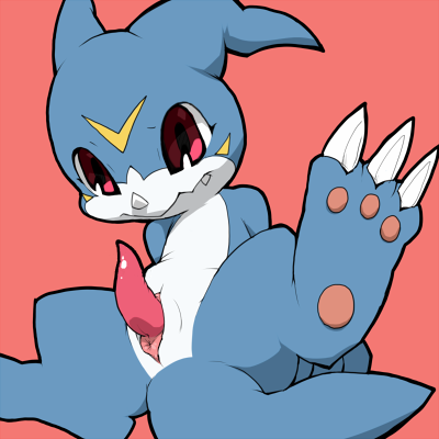 anus blue_skin claws cloaca digimon happy horn looking_at_viewer male otona_no_kitsune paws penis pink_background plain_background raised_leg red_eyes sharp_teeth smile teeth veemon young