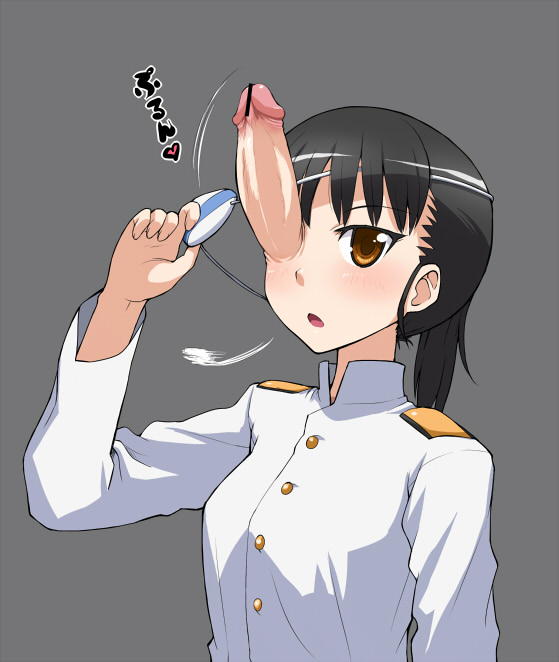 1futa black_hair blush brown_eyes censor_bar censored clothing cyclops ereraero eye_patch futa_only futanari intersex looking_at_viewer motion_lines open_mouth penis ponytail sakamoto_mio simple_background solo strike_witches text tied_hair translation_request undressing uniform what