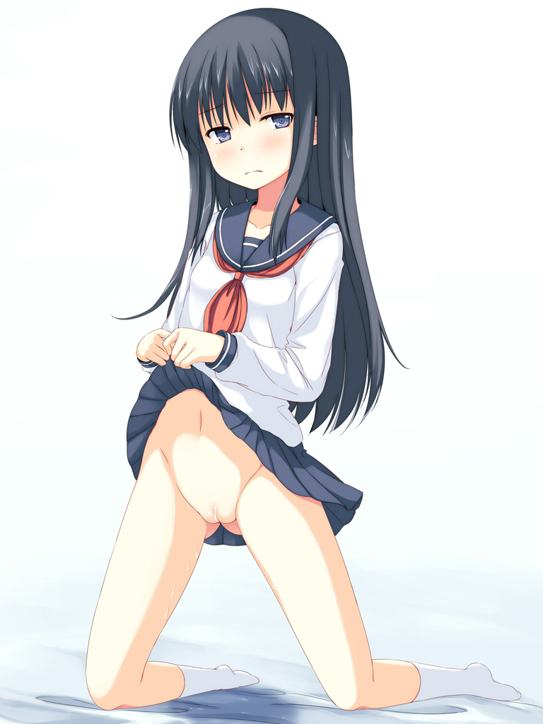 black_hair blue_eyes blush censored female kneeling long_hair looking_at_viewer no_panties original pussy school_uniform serafuku skirt skirt_lift socks solo yako