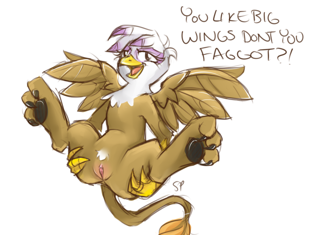 2013 avian beak english_text feathers female friendship_is_magic gilda_(mlp) gryphon my_little_pony open_mouth presenting pussy solo spread_legs spreading stoney-pony text tongue wings