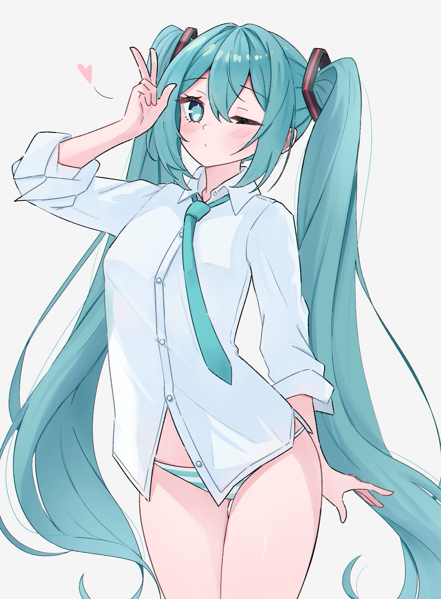 1girl, aqua eyes, aqua hair, aqua necktie, bangs, blush, collared shirt, cowboy shot, green necktie, grey background, hair between eyes, hair ornament, hand up, hatsune miku, heart, long hair, long sleeves, looking at viewer, necktie, no pants, one eye closed, panties, sexy, shirt, simple background, solo, standing, striped, striped panties, tagme, tagme (artist), thigh gap, twintails, underwear, v, very long hair, vocaloid, white background, white shirt