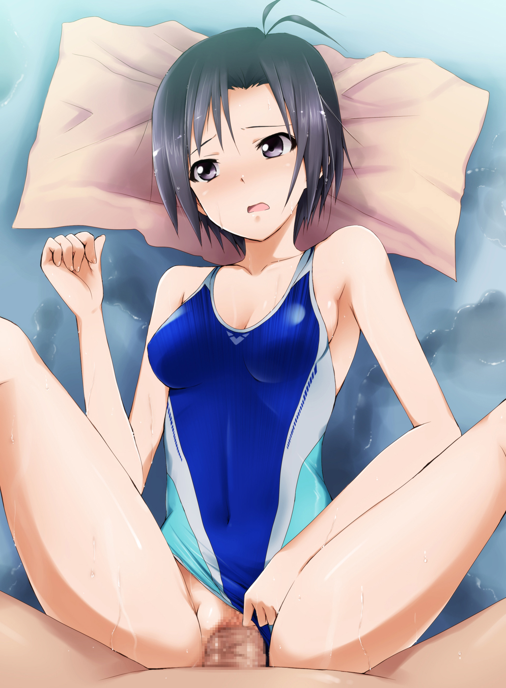 antenna_hair black_eyes black_hair blush breasts censored cleavage competition_swimsuit female highres human idolmaster kaiga looking_away makoto_kikuchi male mosaic_censoring one-piece_swimsuit penis sex short_hair straight swimsuit swimsuit_aside vaginal_penetration wet