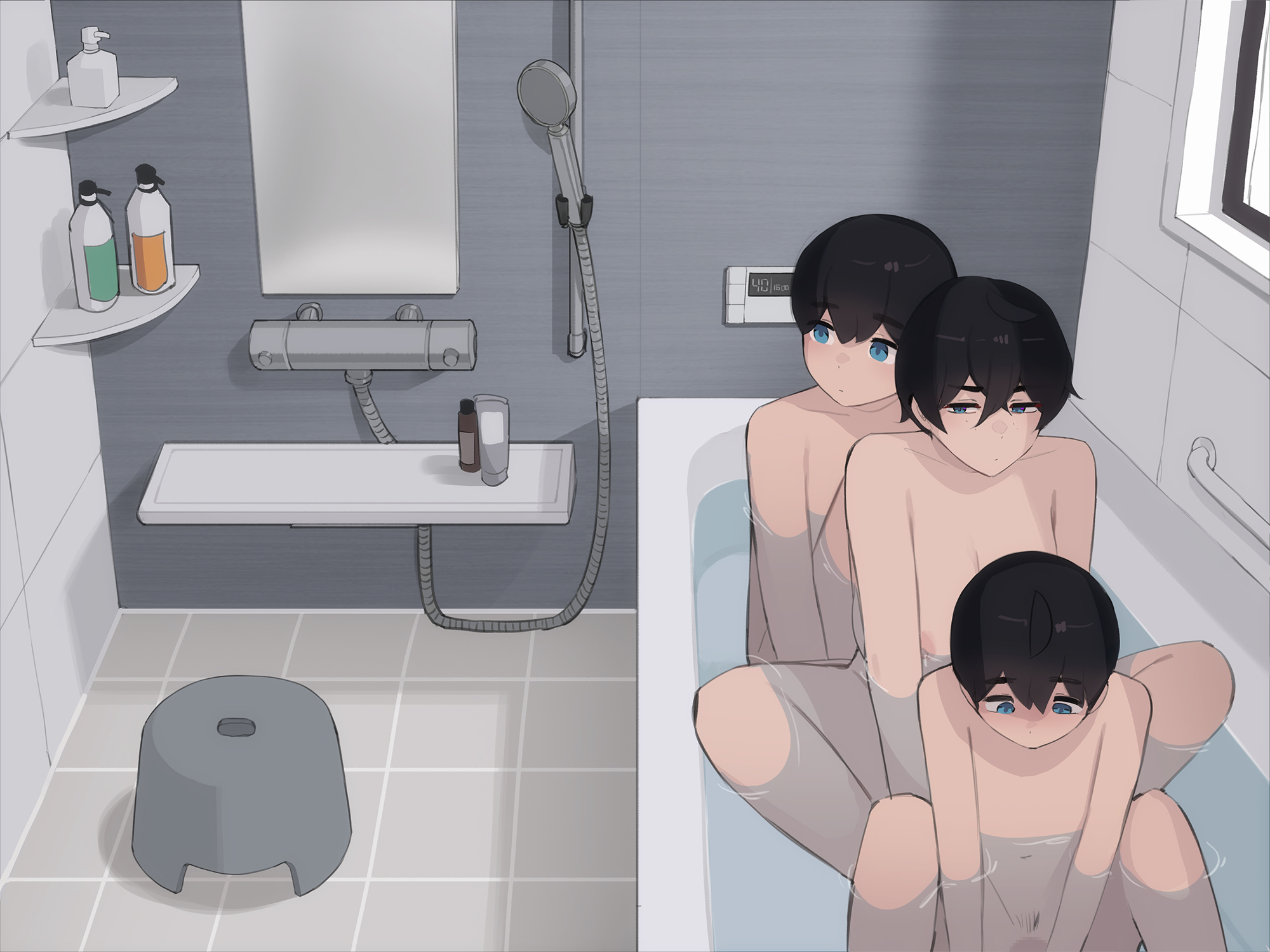 1girls, 2boys, aunt, aunt and nephew, bathing, bathroom, bathtub, bathtub sex, incest, light skin, milf, pepper0, textless, threesome