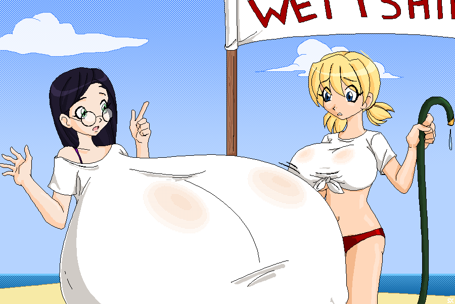 2girls beach big_breasts black_hair blonde_hair breasts breasts_bigger_than_body breasts_bigger_than_head breasts_bigger_than_torso casual_hyper clothed clothed_female enormous_breasts female female_only glasses human hyper hyper_breasts large_breasts light-skinned_female light_skin nipple_bulge saburox swimsuit wet wet_shirt wet_t-shirt