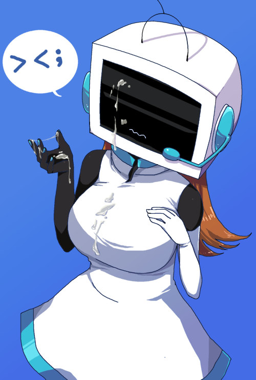 >_< alt_(pop'n_music) blue_background breasts cum dress facial female frown gloves large_breasts nail_polish object_head orange_hair pop'n_music robot_girl scarf simple_background solo sweatdrop