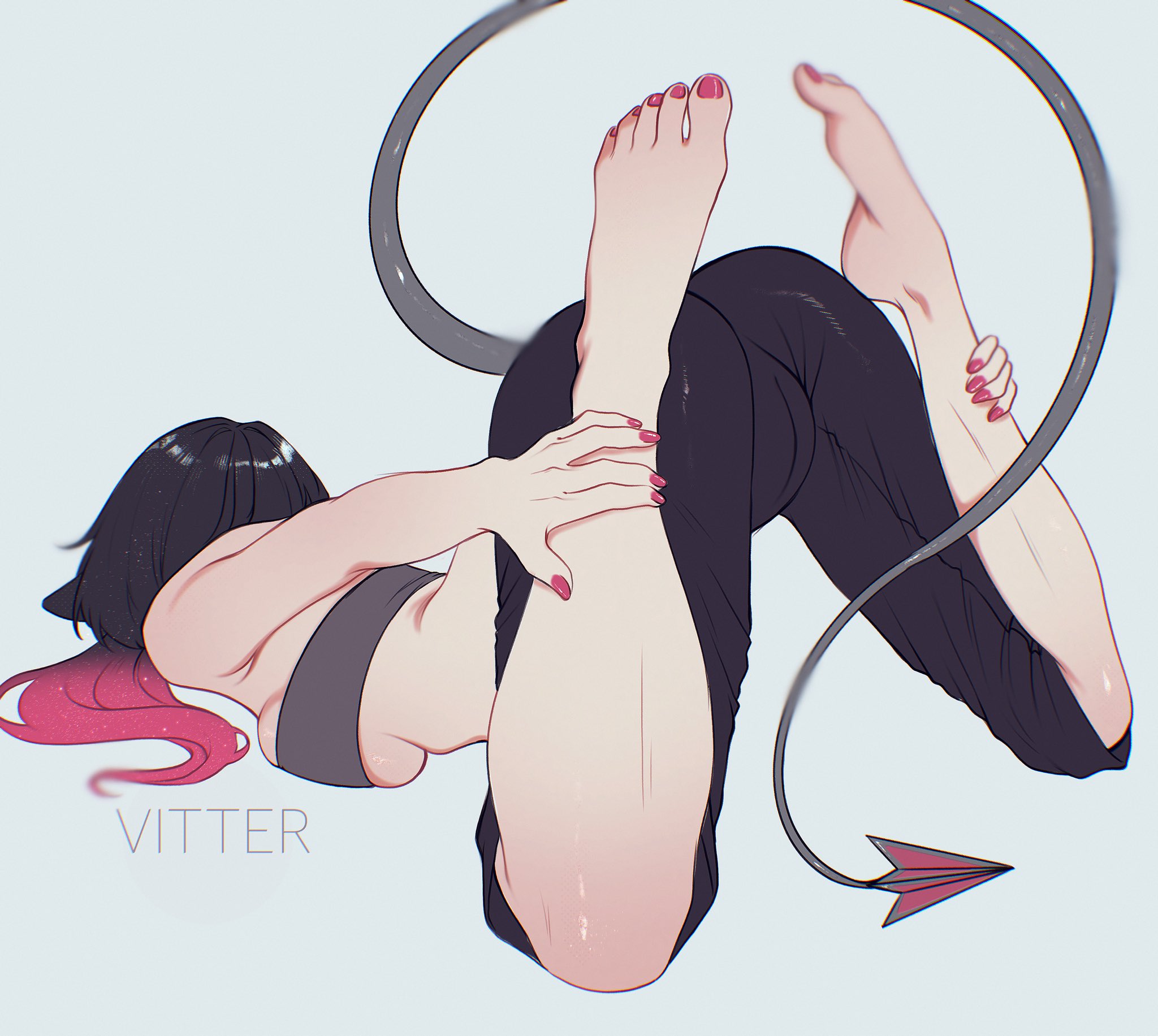 2d, 2d (artwork), arched back, cameltoe, clothed, clothed female, feet, feet up, jane doe (zenless zone zero), leggings, painted fingernails, painted nails, painted toenails, pussy print, stretching, tail, vitter, yoga pose meme 2026, zenless zone zero