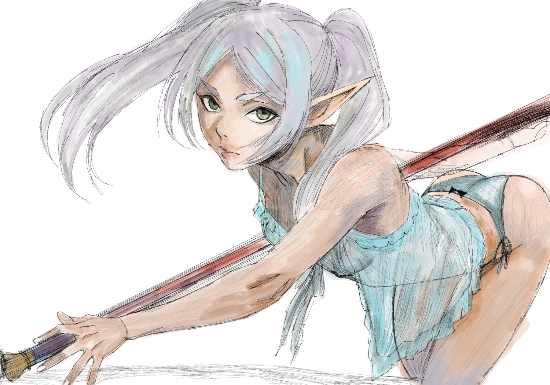 blue panties, closed mouth, cue stick, double-parted bangs, dress, earrings, elf, female, frieren, green eyes, hex mamaniac, highres, jewelry, long hair, looking at viewer, nipples, pajamas, panties, parted bangs, pointy ears, ponytail, solo, sousou no frieren, tail, underwear, white dress, white hair