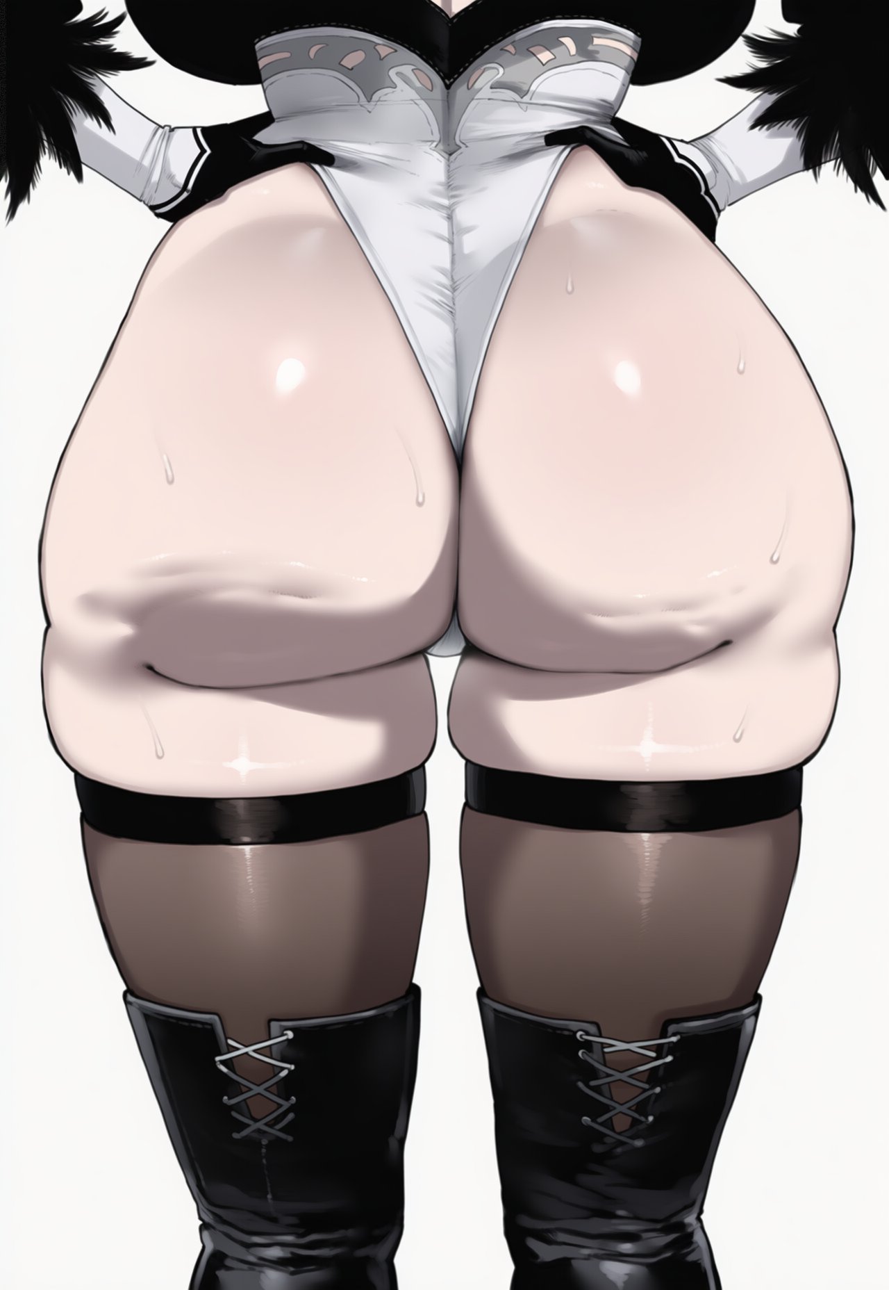 1girls, ai generated, ass, ass focus, big ass, booty, breasts, dumptruck ass, female, female only, frills, gloves, hand on hip, heel boots, huge ass, leotard, nier: automata, simple background, solo, sweat, sweat on ass, sweatdrop, thick ass, thick thighs, thigh boots, thigh gap, thighhighs, thighs, truck kun, truck-kun art, wide hips, yorha 2b