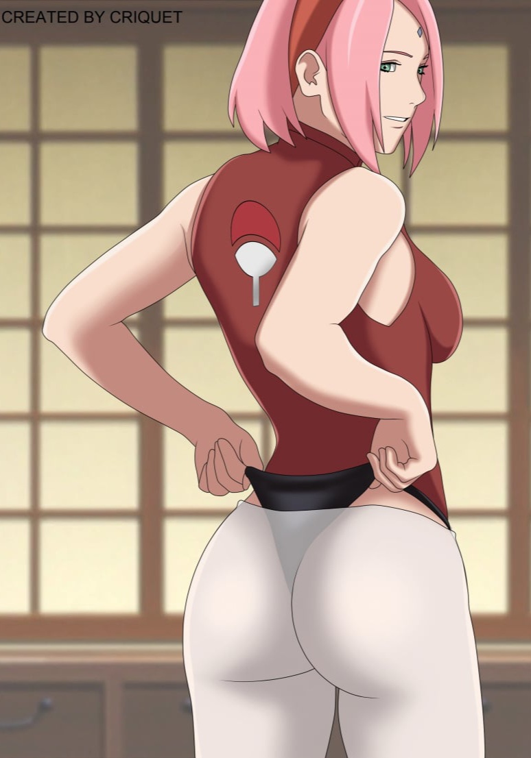 1girls, 2026, 2d, 2d (artwork), adjusting panties, artist name, ass, back view, boruto: naruto next generations, breasts, bubble ass, bubble butt, clothed, clothed female, criquet, eye contact, female, female only, forehead mark, fully clothed, green eyes, hairband, hot pants, human, human only, indoors, looking at viewer, looking back, medium breasts, milf, naruto, naruto (series), no sex, panties, panty pull, pantyhose, pink hair, pose, sakura haruno, see-through, shirt, short hair, sideboob, smile, solo, solo female, source request, standing, text, thick thighs, thigh gap, thong, transparent, transparent clothing, watermark, white legwear, white pantyhose, white skin, wide hips