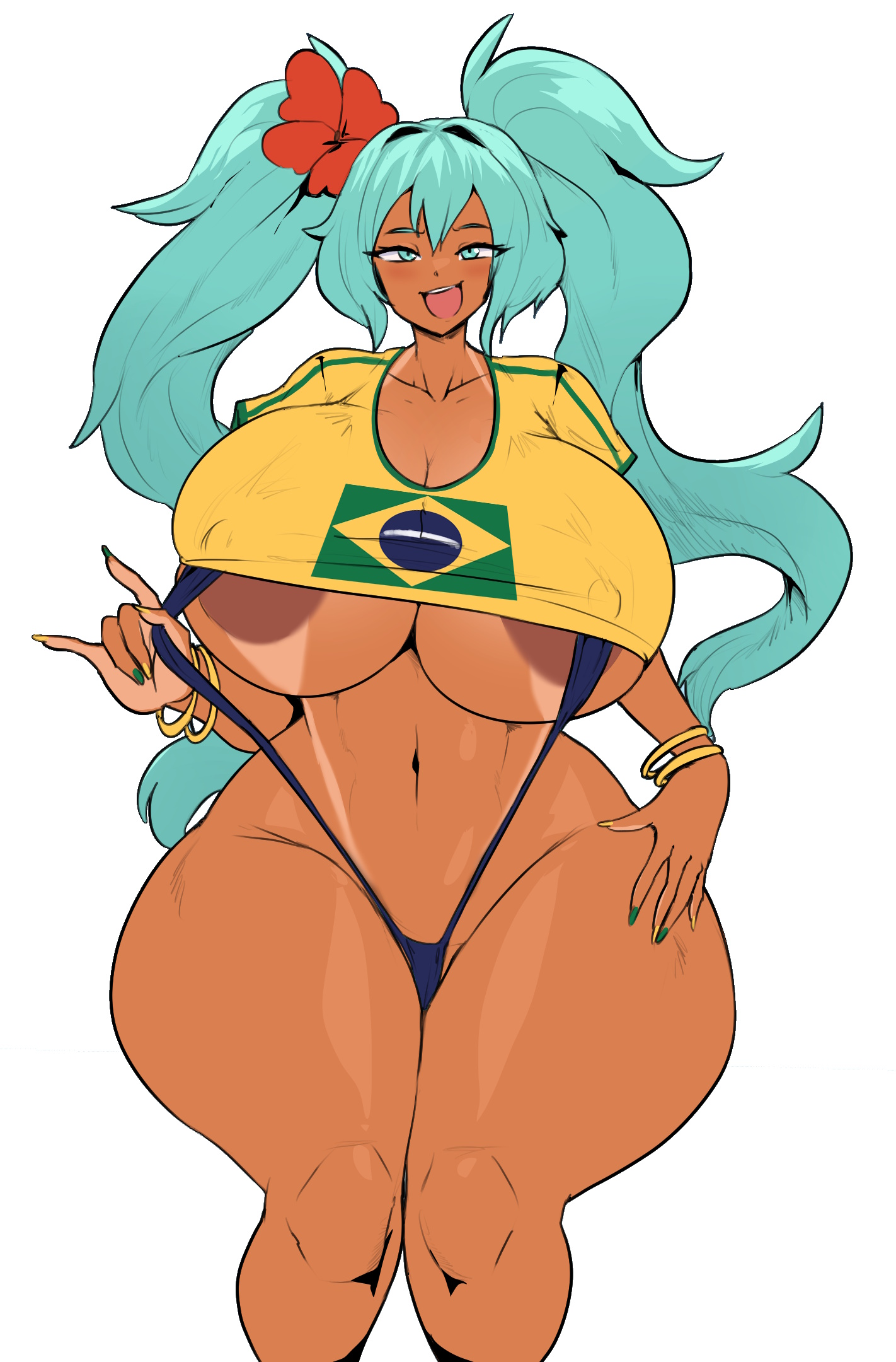 1girl, 1girls, aqua hair, areola, areola slip, ass, big areola, big ass, big breasts, big nipples, big thighs, blue eyes, bracelet, brazil, brazilian, brazilian female, brazilian miku, breasts, curvy, cyan eyes, cyan hair, dark skin, dark-skinned female, female, female only, flower, gigantic breasts, gigantic thighs, hair flower, hair ornament, hatsune miku, huge areola, huge ass, huge breasts, huge nipples, huge thighs, jewelry, latin american hatsune miku (meme), long hair, looking at viewer, looking back, mouth open, navel, nipples, pussy, shirt, slingshot swimsuit, smile, solo, swimsuit, tagme, tan, tan body, thecon, thick hips, thick thighs, thighs, thong, twintails, underboob, vocaloid, wide hips, yellow shirt