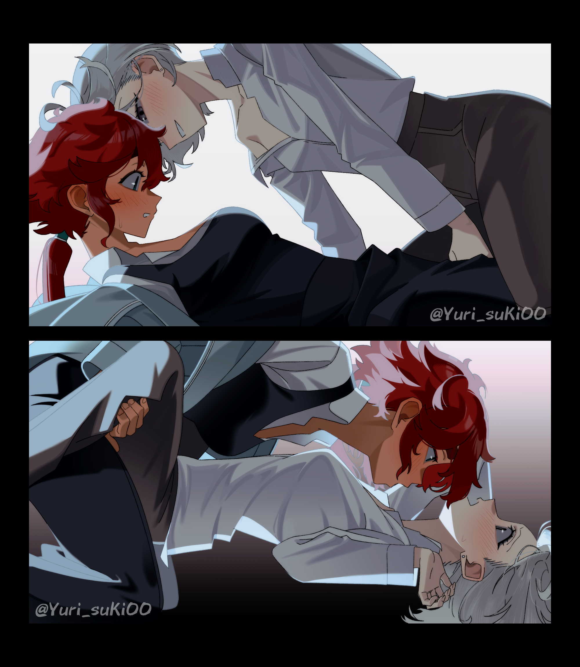 blush, breasts, clothed, clothes, clothing, dominant female, domination loss, female, female focus, female in suit, female on top, female only, gundam, gundam suisei no majo, imminent sex, instant loss, long hair, miorine rembran, red hair, redhead female, short hair, submissive female, suggestive, suit, suletta mercury, undressing, white hair, yuri, yuri suki00