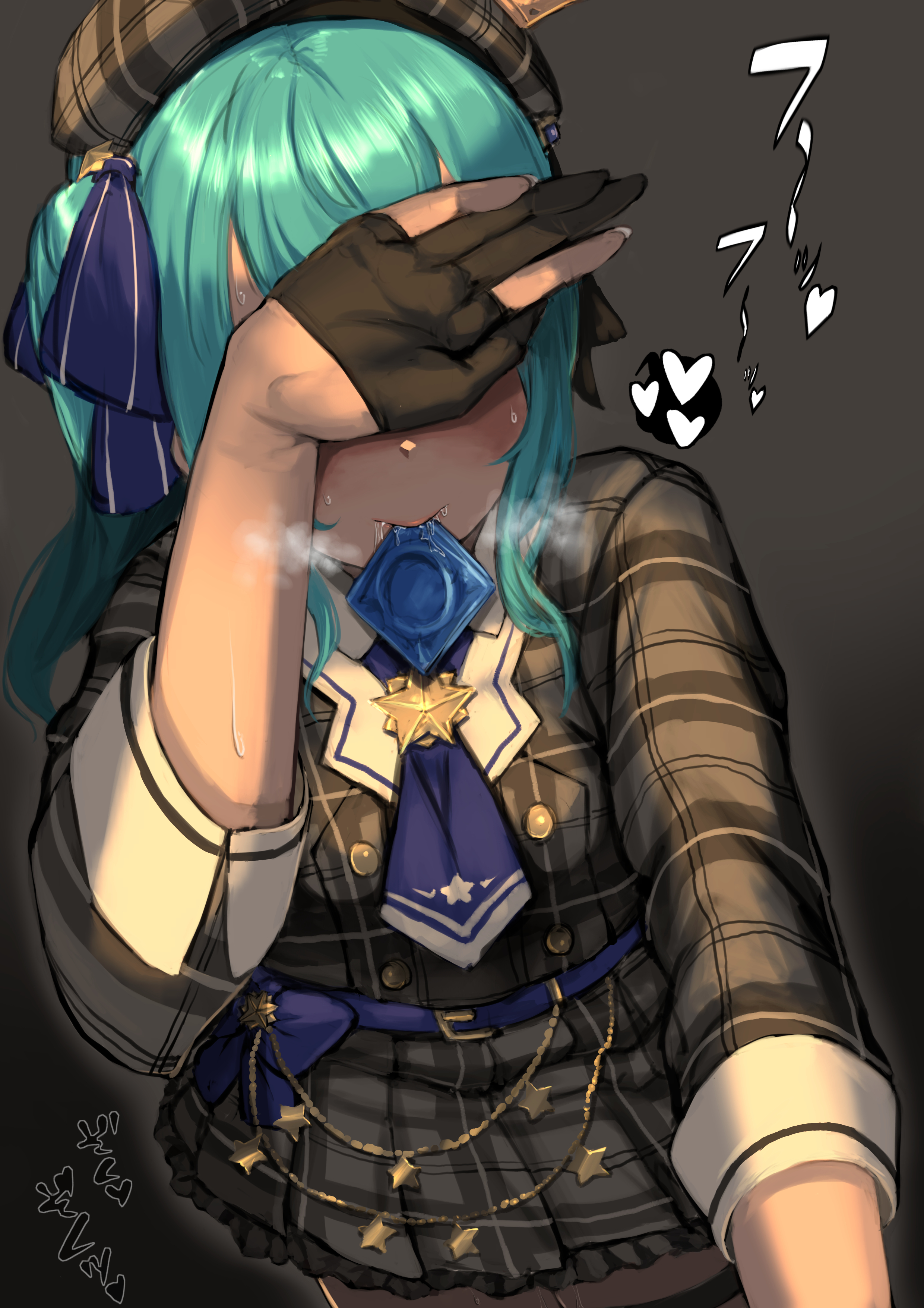 1girls, 2021, ascot, belt, belt buckle, black gloves, blue belt, blue condom, blue hair, blue hair female, blue ribbon, breath, breath cloud, button down shirt, buttons, condom, condom in mouth, condom wrapper in mouth, covering face, covering own face, crown, female focus, fingerless gloves, gloves, hand over face, heart, hearts around head, heavy breathing, hiding face, holding object, holding object in mouth, hololive, hololive gen 0, hololive japan, hoshimachi suisei, hoshimachi suisei (1st costume), idol, japanese female, japanese text, lips, lips focus, midnight (midnightstream3), mini crown, mouth hold, no sex (yet), partially fingerless gloves, plaid clothes, plaid clothing, plaid hat, plaid headwear, plaid skirt, saliva, saliva on face, side ponytail, skirt, solo focus, spoken hearts, star, star ornament, stars, suggestive, sultry, sweat, sweating, sweating female, text, virtual youtuber, vtuber, white heart, white hearts, youtuber girl