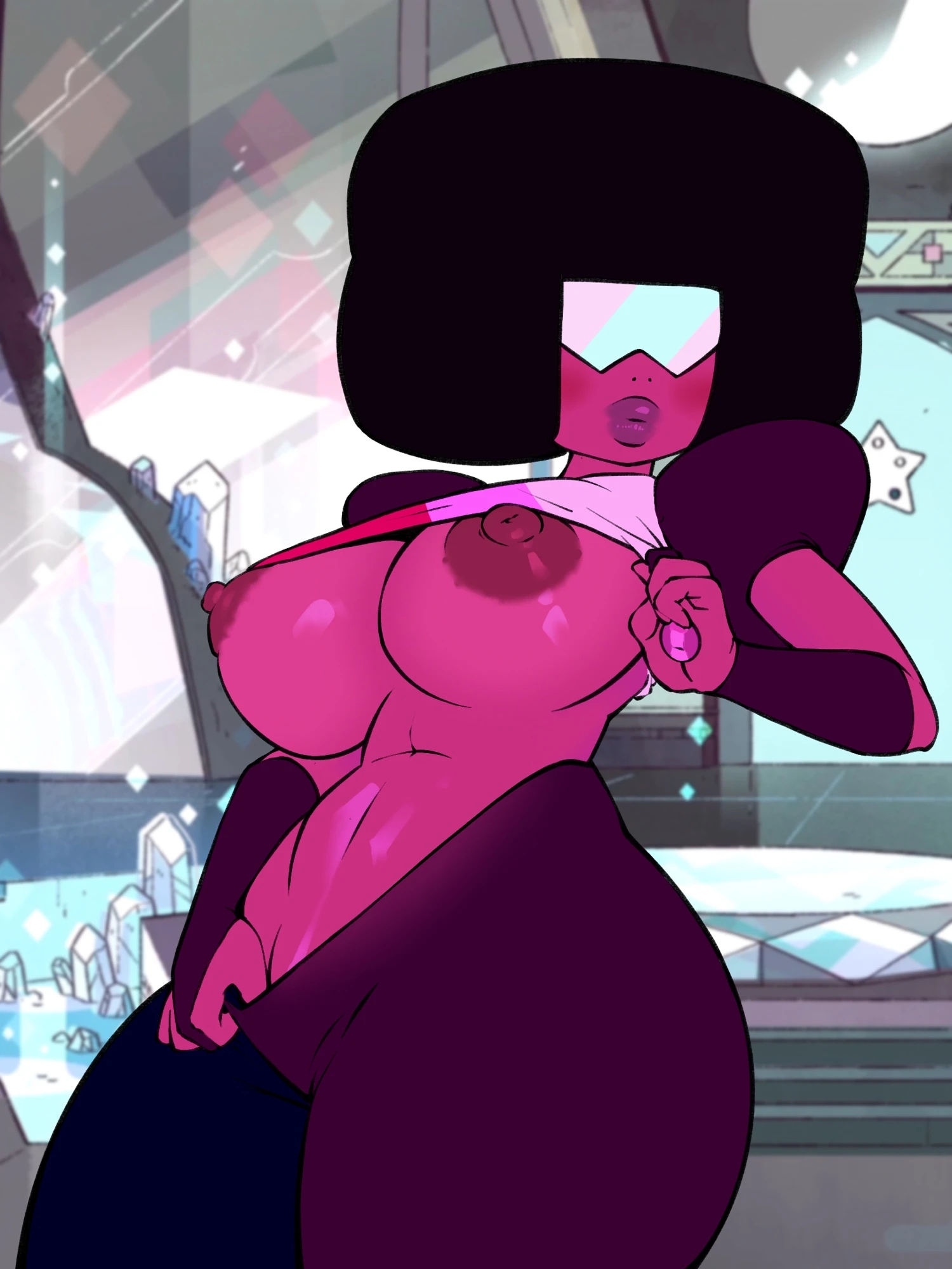 1girls, 2026, afro, background, big breasts, big lips, black hair, breasts, breasts out, cartoon network, digital media (artwork), eyes covered, female, female only, garnet (steven universe), glasses, greaterkeytattoos, hips, lifting shirt, partially clothed, pink skin, red skin, solo, solo female, steven universe, sunglasses, taking clothes off, thick thighs, thighs, wide hips