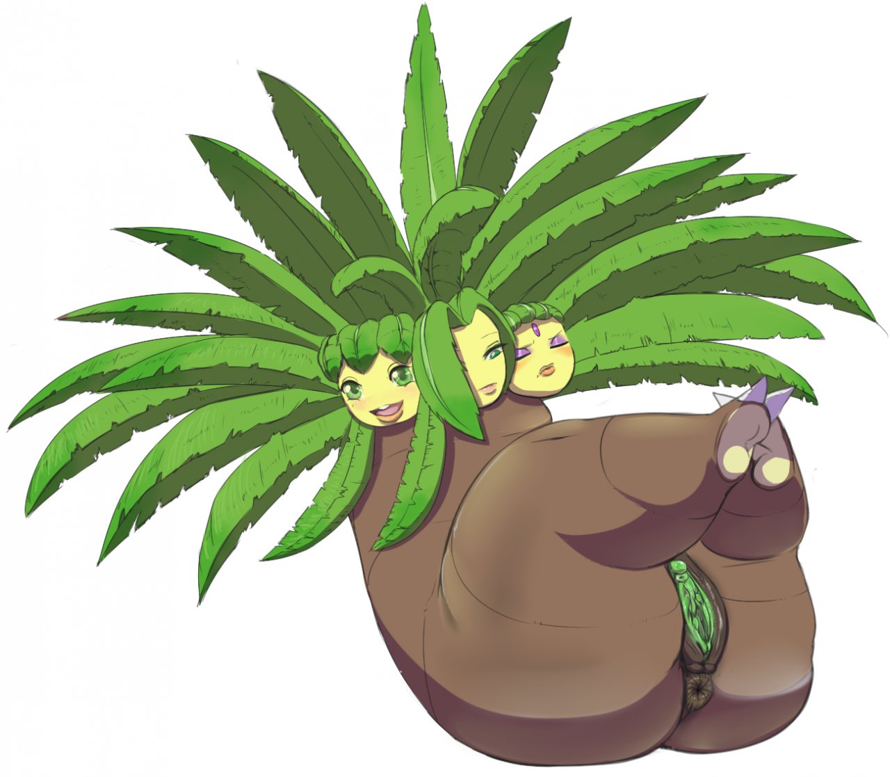 anus armless blush closed_eyes exeggutor forehead_mark furry green_eyes makeup mole open_mouth pokemon pussy simple_background smile uncensored