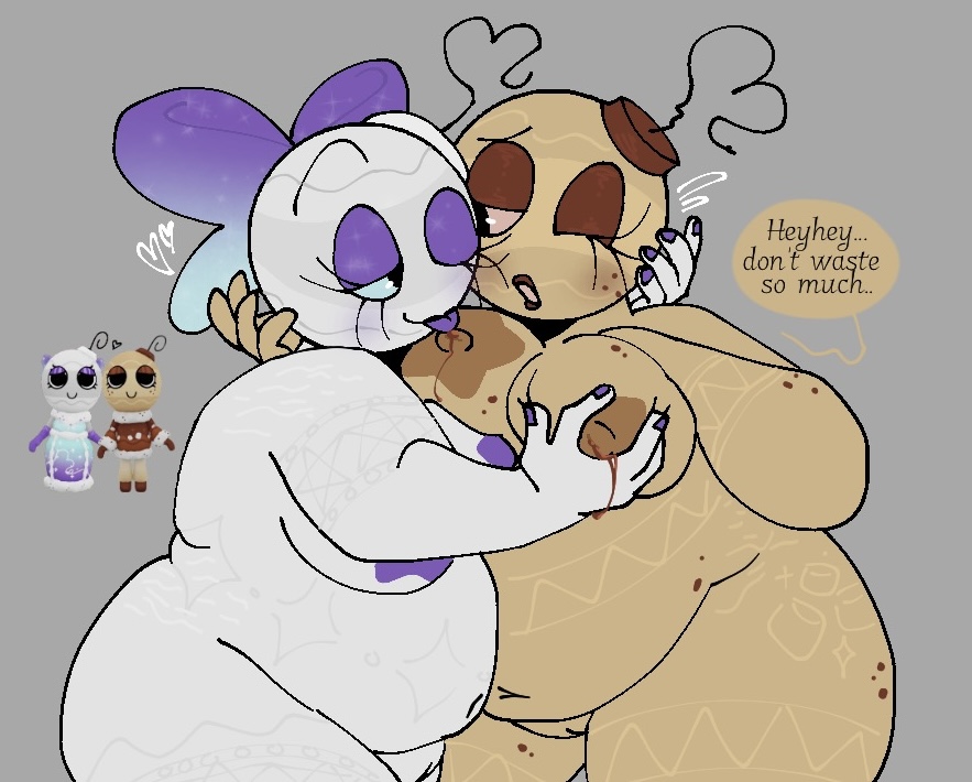 blush, bobette (dandy's world), chubby female, dandy's world, hot chocolate bobette, leaking nipples, nipple licking, pokerjokerful, roblox, selfcest, snow-time bobette, squeezing breast, wink, yuri