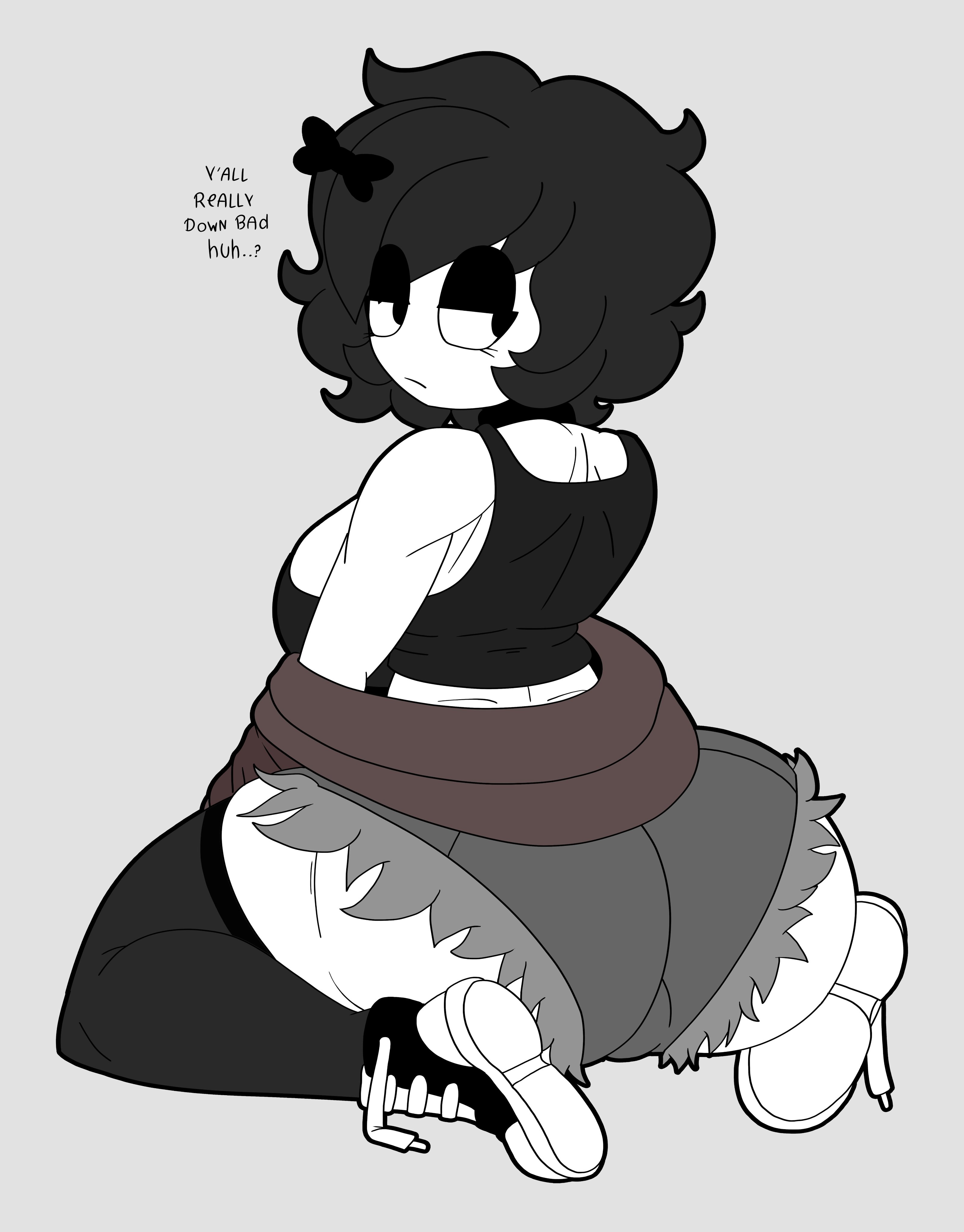 ass, ass focus, back view, black hair, blindstash, breasts, derpette, derpina, fit, fit female, huge ass, kneeling, looking back, makeup, short hair, shorts, sideboob, sneakers, stockings, tagme, tank top, text, thick thighs, viewed from behind, white body, wide hips