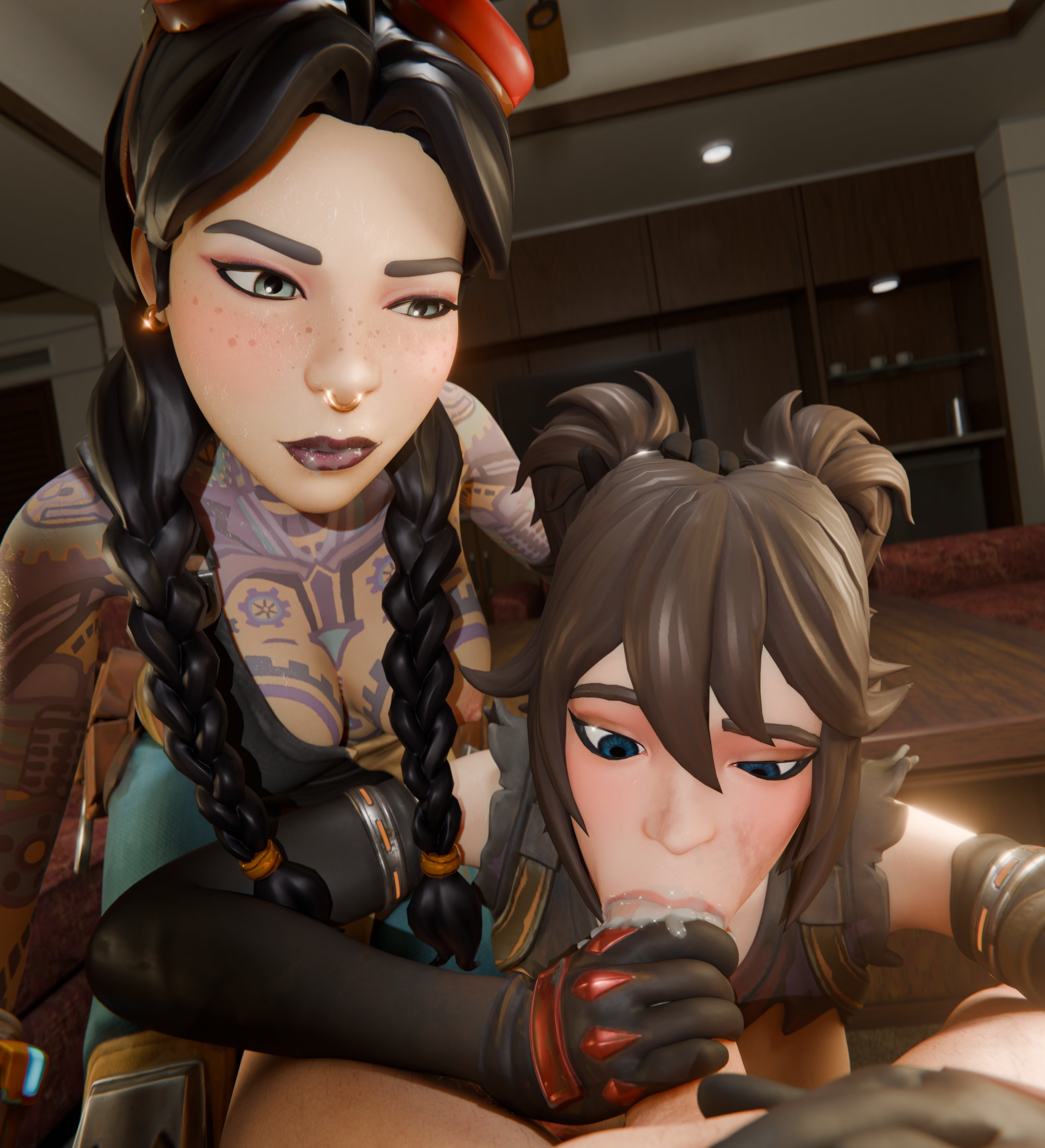 1boy, 2025, 2girls, 3d, 3d model, beach jules, black gloves, blowjob, blue eyes, breasts, breasts out, brown hair, cooperative fellatio, epic games, fellatio, female, fortnite, fortnite: battle royale, fousters, gloved handjob, gloves, hand on penis, handjob, handjob with gloves, holding penis, jules (fortnite), light skin, light-skinned female, light-skinned male, male, oral, oral sex, penis, pov, sucking, sucking penis, tattoos, tattoos everywhere, the machinist (fortnite), tongue, tongue out, touching penis, twintails, two-tone hair, video game character, video games