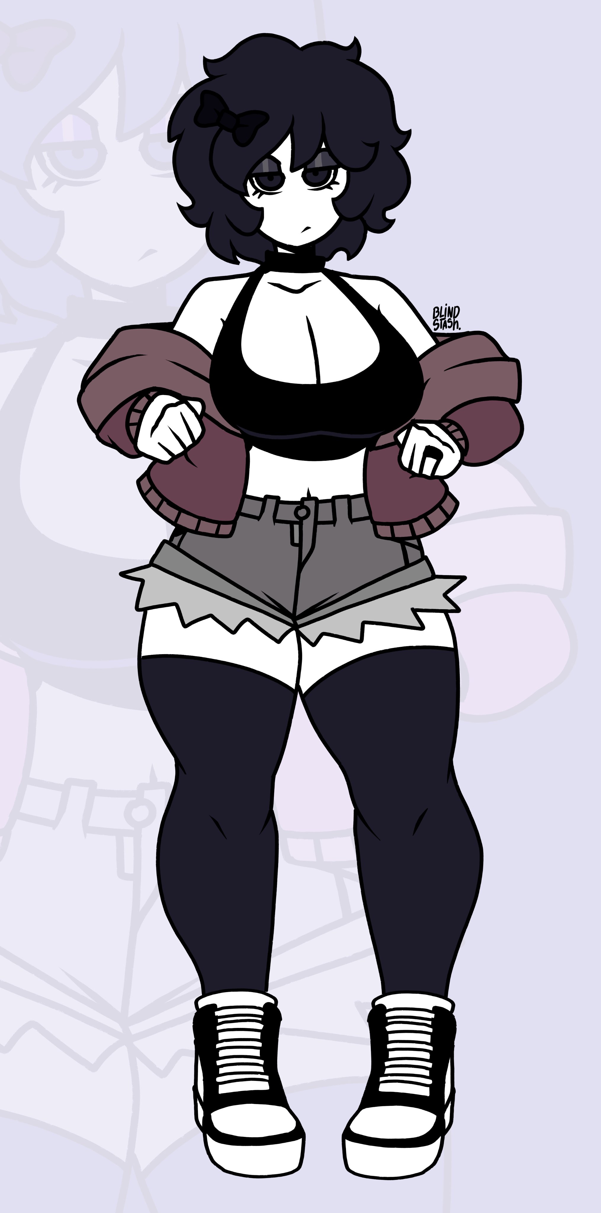 black hair, blindstash, bow, breasts, choker, cleavage, derpette, derpina, hoodie, large breasts, looking at viewer, navel, short hair, shorts, slim waist, sneakers, stockings, tagme, tank top, thick thighs, voluptuous, white body, wide hips