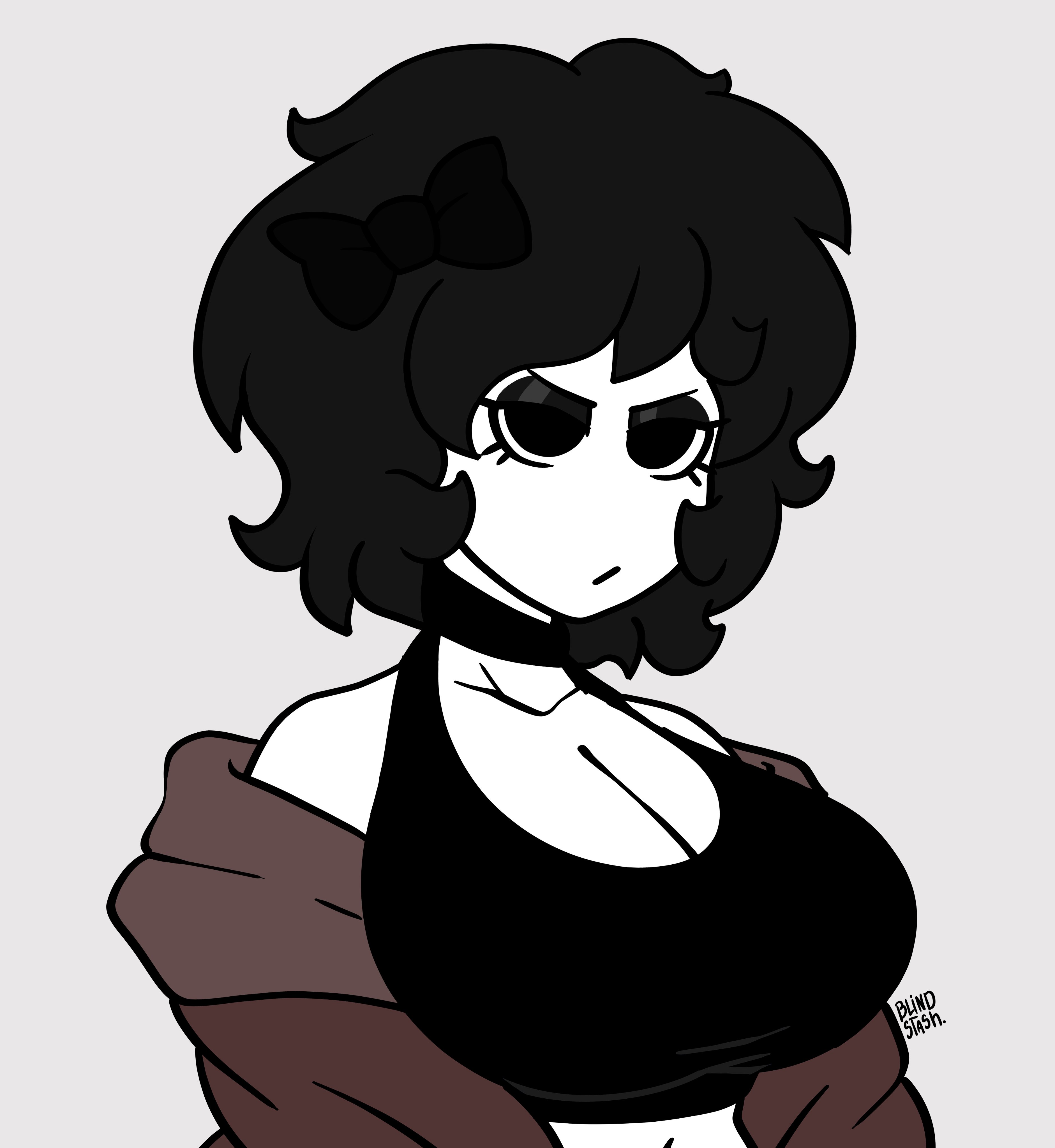 black eyes, black hair, blindstash, bow, breasts, choker, cleavage, derpette, derpina, hoodie, large breasts, makeup, short hair, slim waist, tagme, tank top, tight clothing, white body