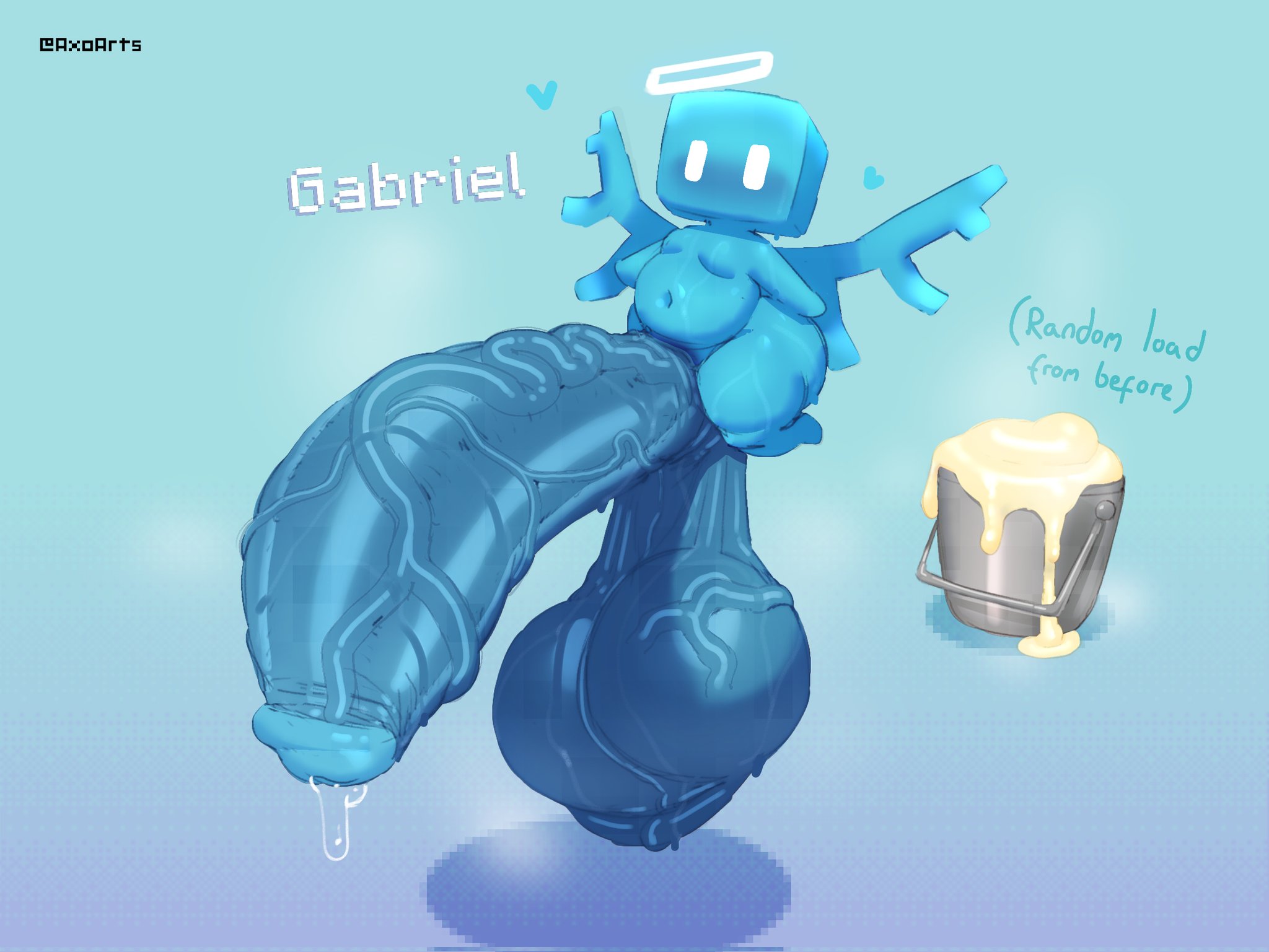 allay (minecraft), axoarts, blue penis, cum in bucket, excessive cum, gabriel (axoarts), gigantic penis, hanging balls, huge balls, huge cock, hyper balls, hyper penis, male, minecraft, musk, sketch, small but hung, thick penis, veiny penis