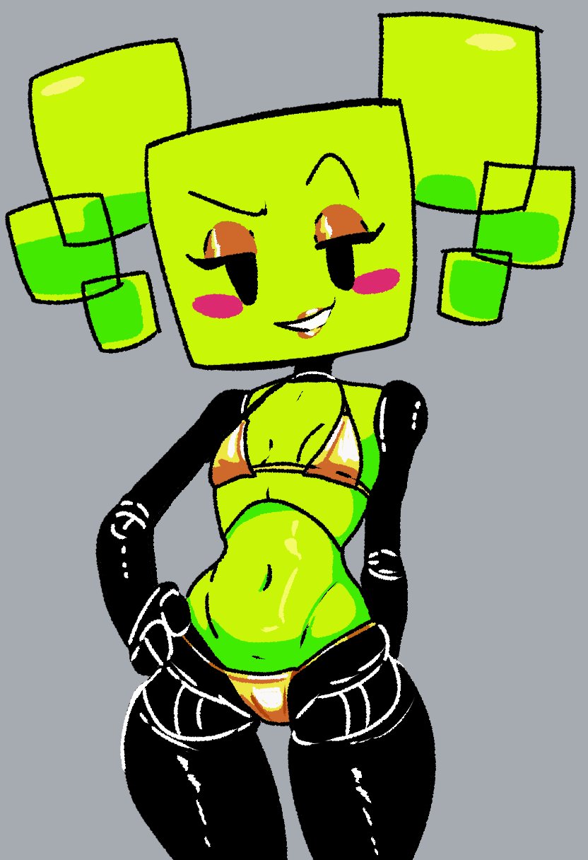 bikini, bikini bottom, bikini top, dumbwitchyy, gold bikini, gold eyeshadow, gold lipstick, golden bikini, golden lipstick, golden week, green skin, grey background, lipstick, mario (series), mimi (super paper mario), paper mario, square head, super paper mario