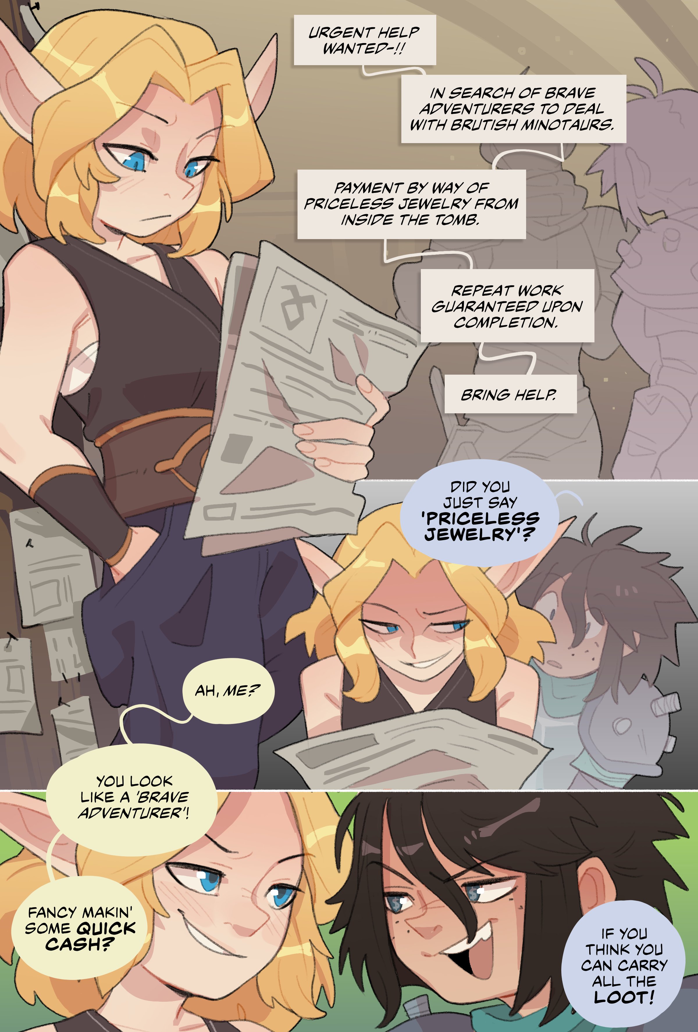 2girls, blonde hair, blue eyes, elf, elf ears, elf female, elf girl, english dialogue, english text, human, human female, knuxy, original, original character, pointy ears, sfw, syllia (huffslove), tagme, zoey (knuxy)