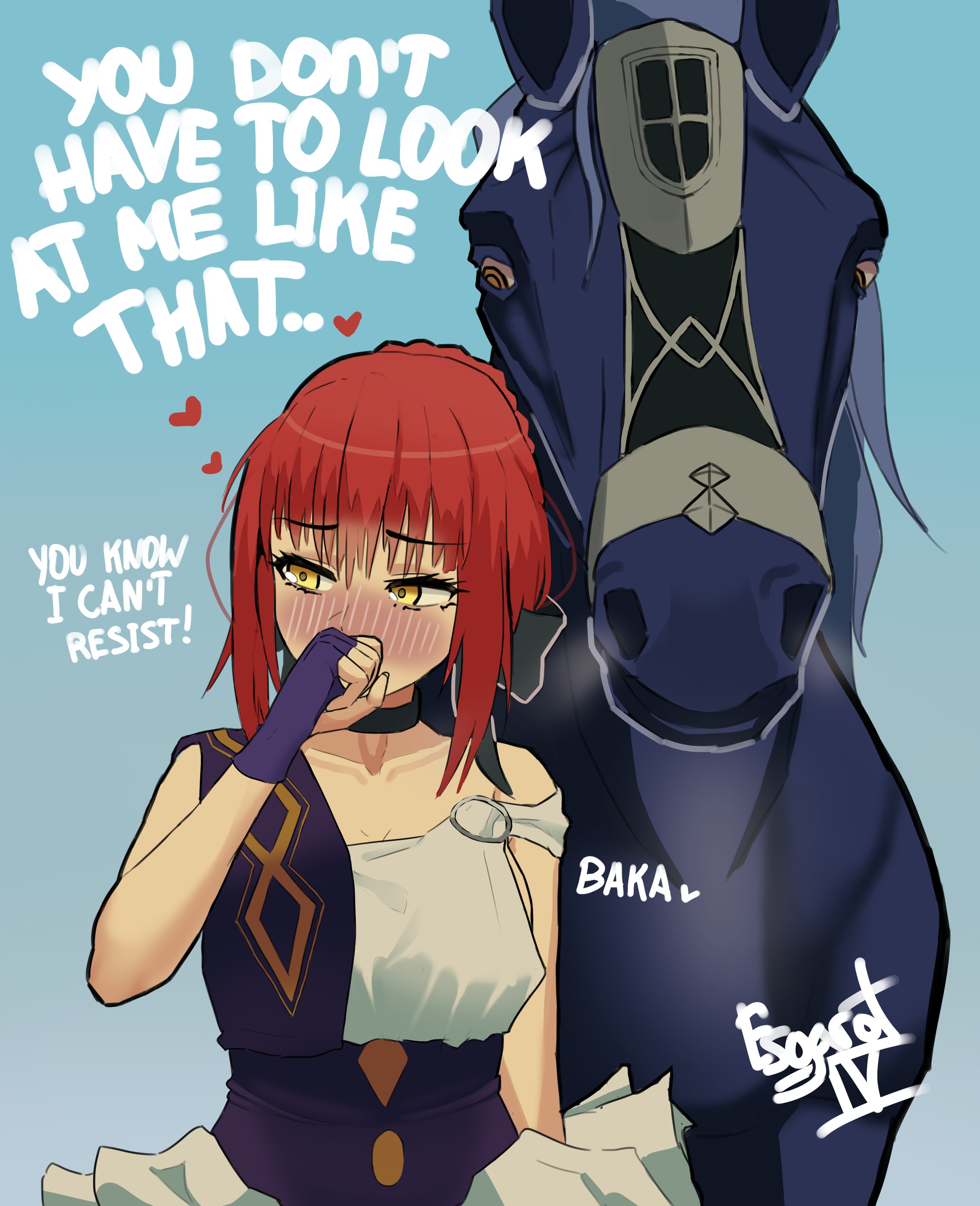 1animal, 1girls, blush, duo, esgarot iv, fate (series), fate/strange fake, female, greek clothes, greek female, hippolyta (fate), horse, implied bestiality, implied relationship, interspecies, kalion, love, male, meme, purple gloves, red hair, simple background, skinny, small breasts, tsundere, yellow eyes, zoophilia
