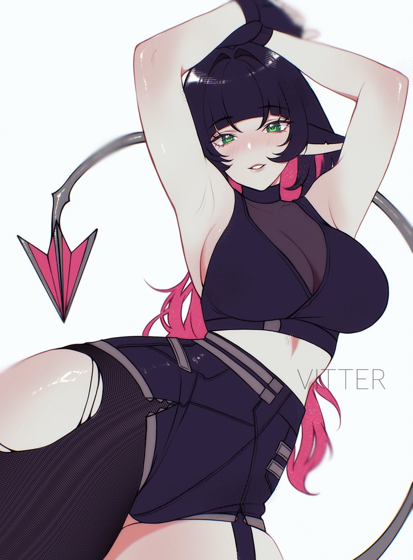 1girls, absurd res, armpits, arms up, artist name, black hair, blush, breasts, cleavage, cleavage cutout, garter straps, gloves, green eyes, high-waist shorts, highres, hoyoverse, jane doe (zenless zone zero), large breasts, long hair, looking at viewer, multicolored hair, pantyhose, pink hair, rat ears, rat girl, rat tail, see-through clothes, shorts, simple background, solo, tail, thighs, torn clothes, torn pantyhose, very long tail, vitter, white background, zenless zone zero