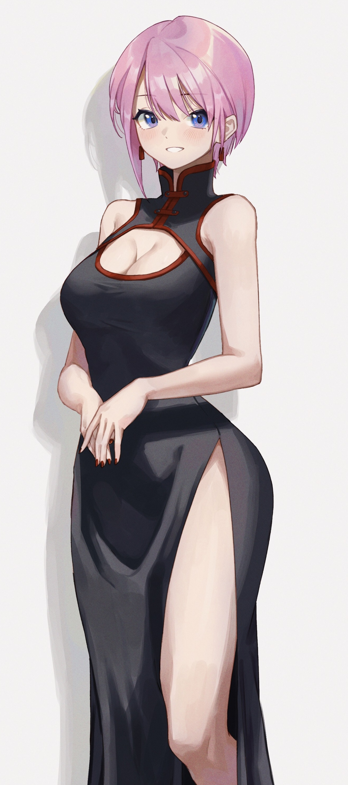 bare arms, bare legs, bare shoulders, bare thighs, big breasts, black dress, blue eyes, blush, breasts, china dress, chinese clothes, cleavage, cleavage cutout, clothing cutout, dress, earrings, female, go-toubun no hanayome, hip vent, nail polish, nakano ichika, own hands together, parted lips, pink hair, red nails, short hair, smile, sooon, thighs