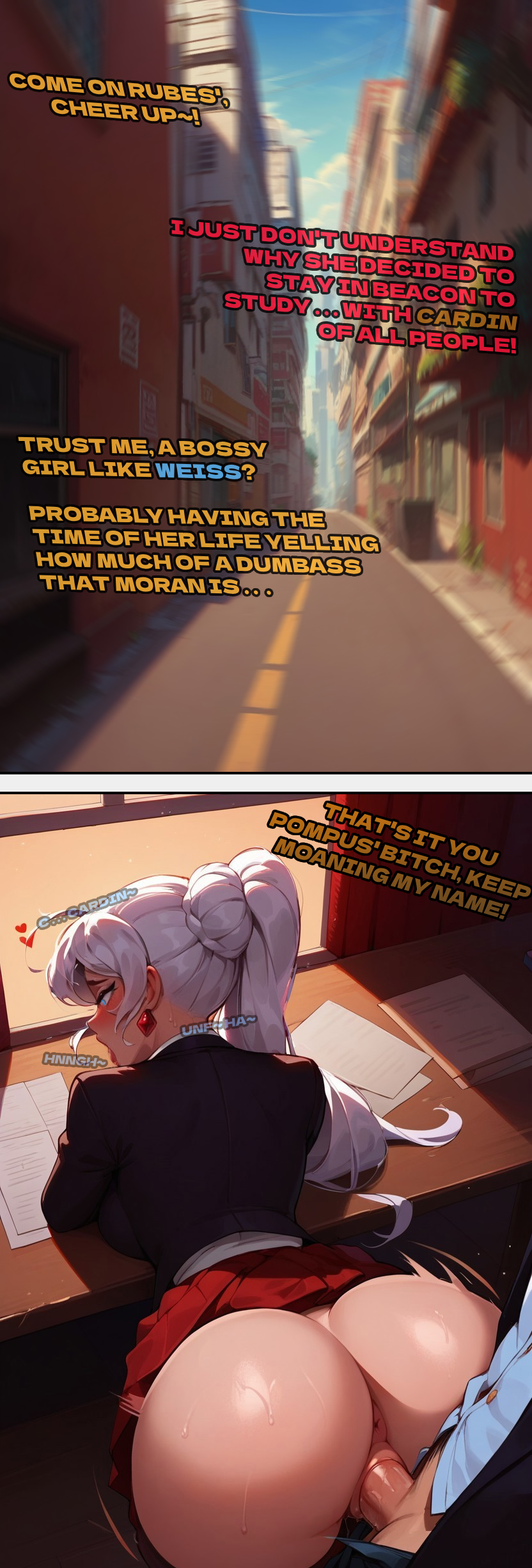 ai_generated bent_over bent_over_table big_penis blue_eyes blush blush cardin_winchester degradation degradation_text earrings moaning over_desk rwby school_uniform self_upload skirt straight sweat sweating text vaginal_penetration weiss_schnee white_hair