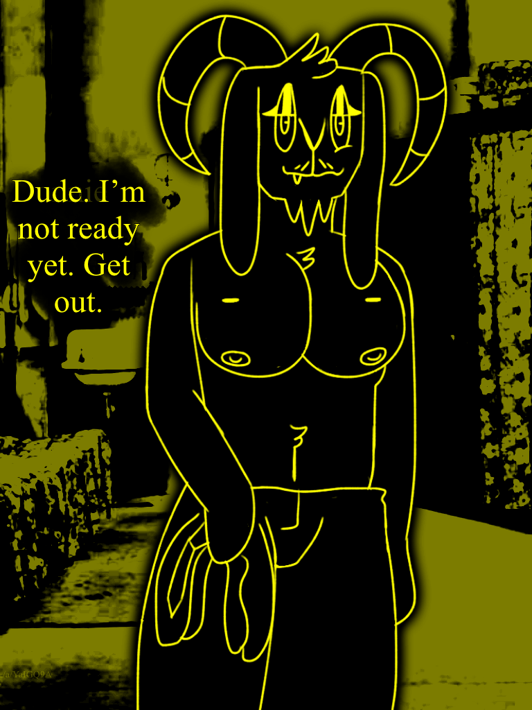 ;) ambiguous_pov? amused anthro big_breasts black_fur cait_oconbhuidhe cait_oconbhuidhe_(deltagrad124) caitsquartrs caprine eyelashes eyeliner fang find_me fur_tuft furry goat goat_horns goatee half-closed_eyes half-dressed half_naked holding_clothing long_ears monochrome mustache_stubble nipples oc shiny_breasts shiny_eyelids smirking yellow_and_black yellow_outline yellow_theme