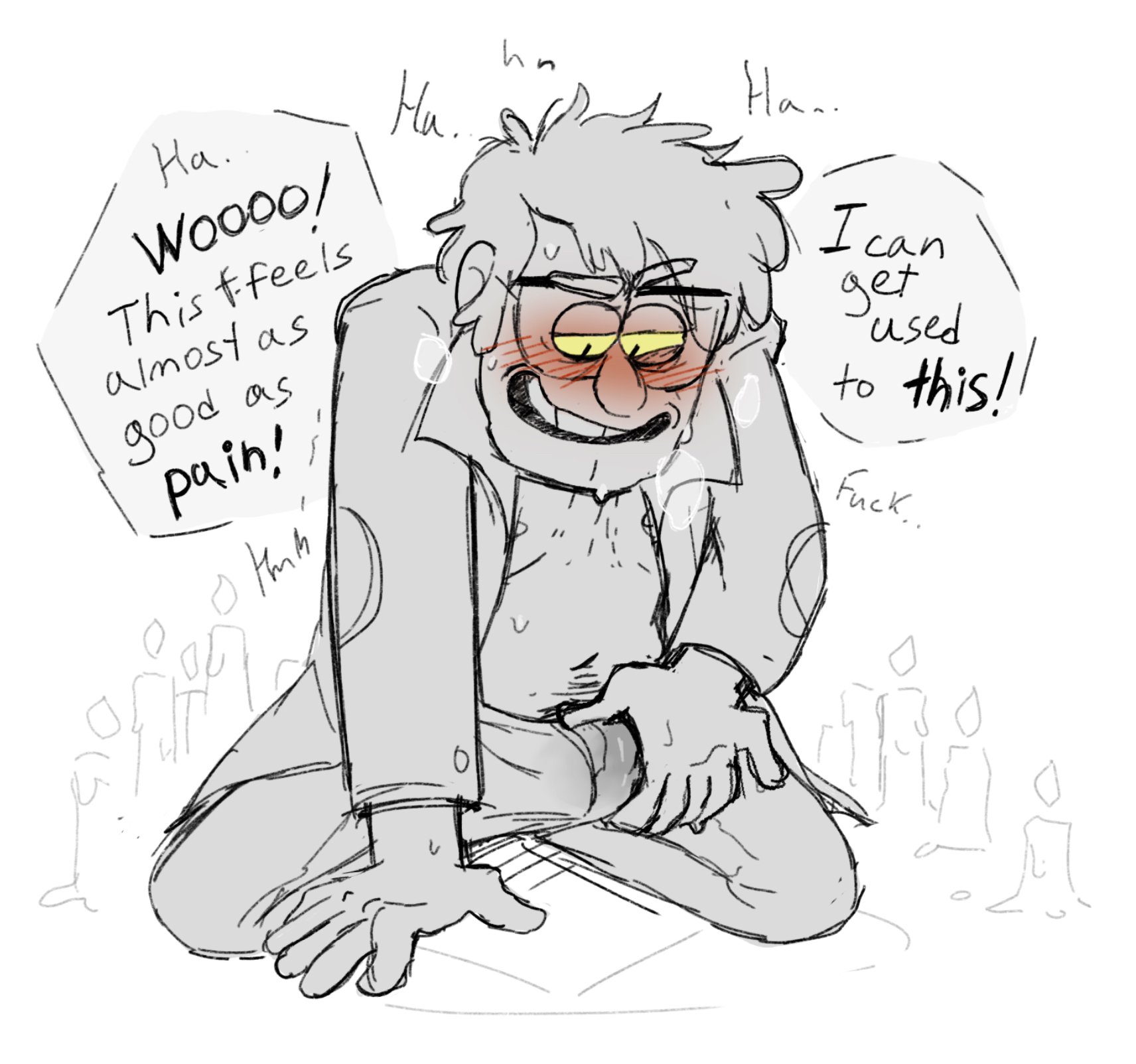 bill cipher, blush, boner, boner in pants, disney, gay, gravity falls, leecheenkussmut, male, male only, possessed, possession, stanford pines, yaoi