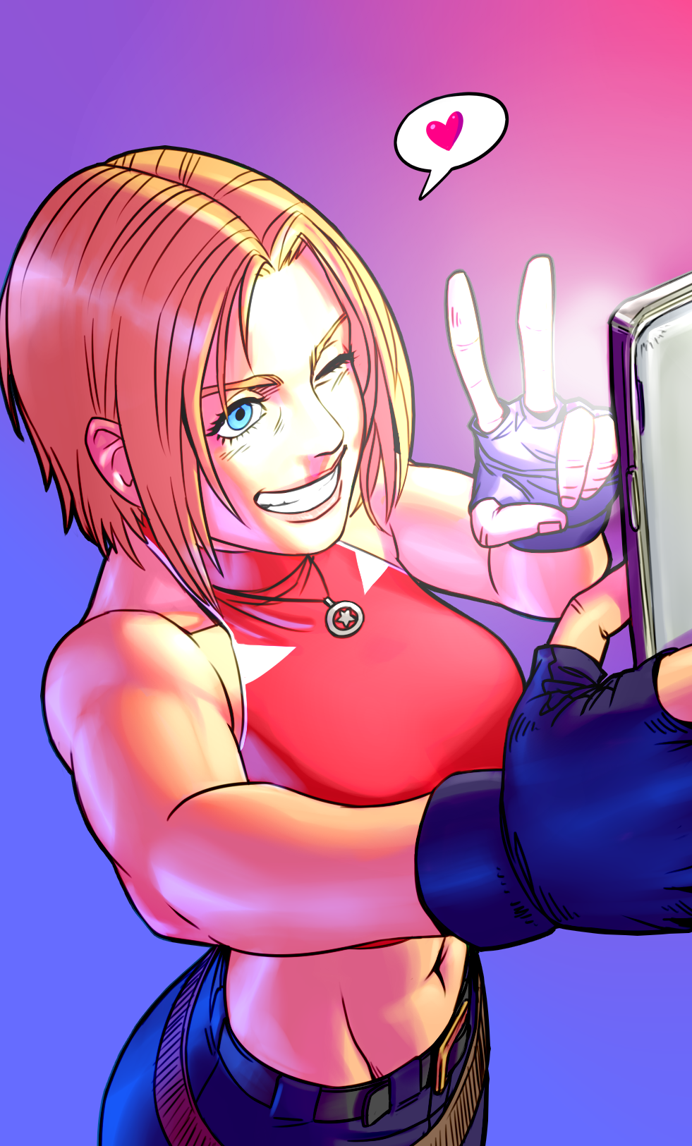 1girls belt big_ass big_butt blonde_hair blue_eyes blue_mary clothed female flashlight gloves hand_gesture heart king_of_fighters medium_breasts necklace one_eye_closed pants phone red_tank_top selfie short_hair smile star taking_picture tank_top yokimura-art