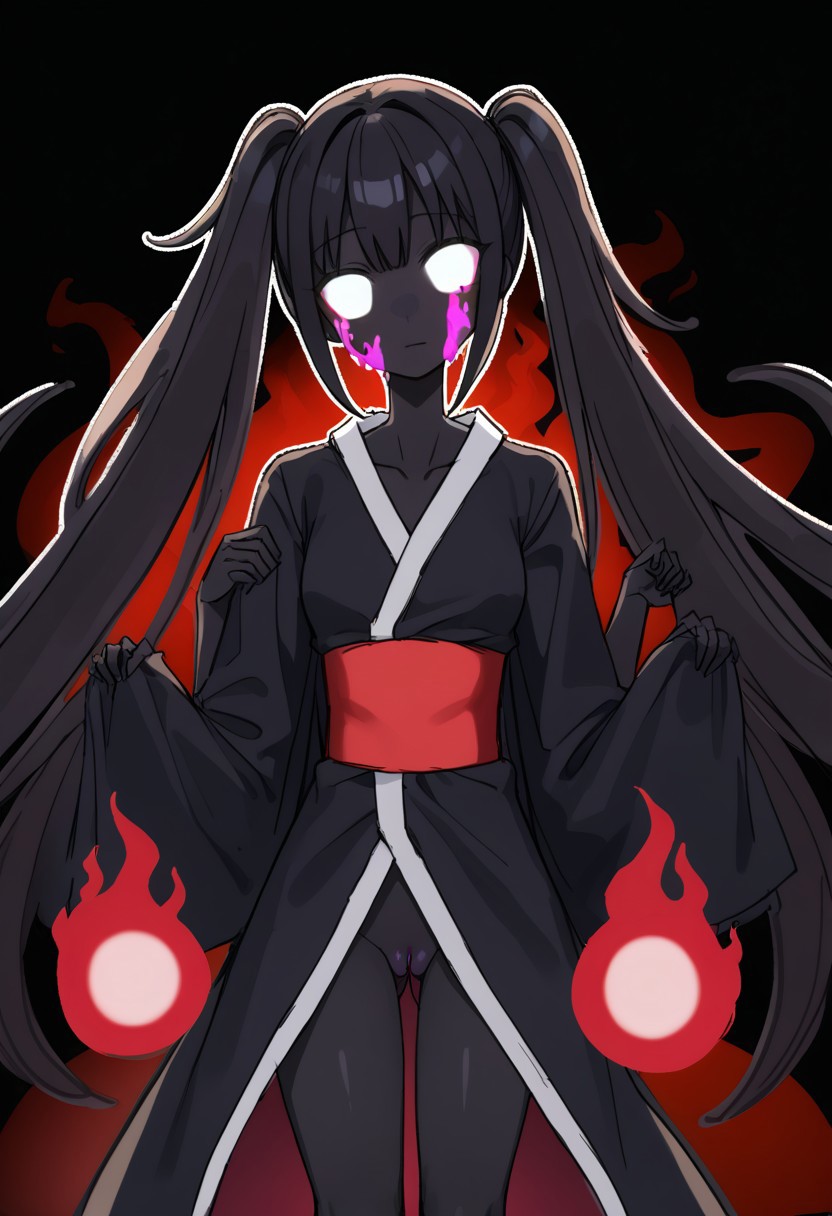 1girls ai_generated ass_visible_through_thighs black_body black_skin blank_eyes blood_from_eyes body_horror civitai closed_mouth collarbone female female_only fire ghost japanese_clothes kimono long_hair long_sleeves masa_works_design milua multi_arm multi_limb no_humans no_panties obi oni_to_kitsune_no_hanashi purple_blood pussy red_sash sash self_upload solo solo_female spirit standing the_onibi twintails very_long_hair white_eyes wide_sleeves will-o'-the-wisp_(mythology)