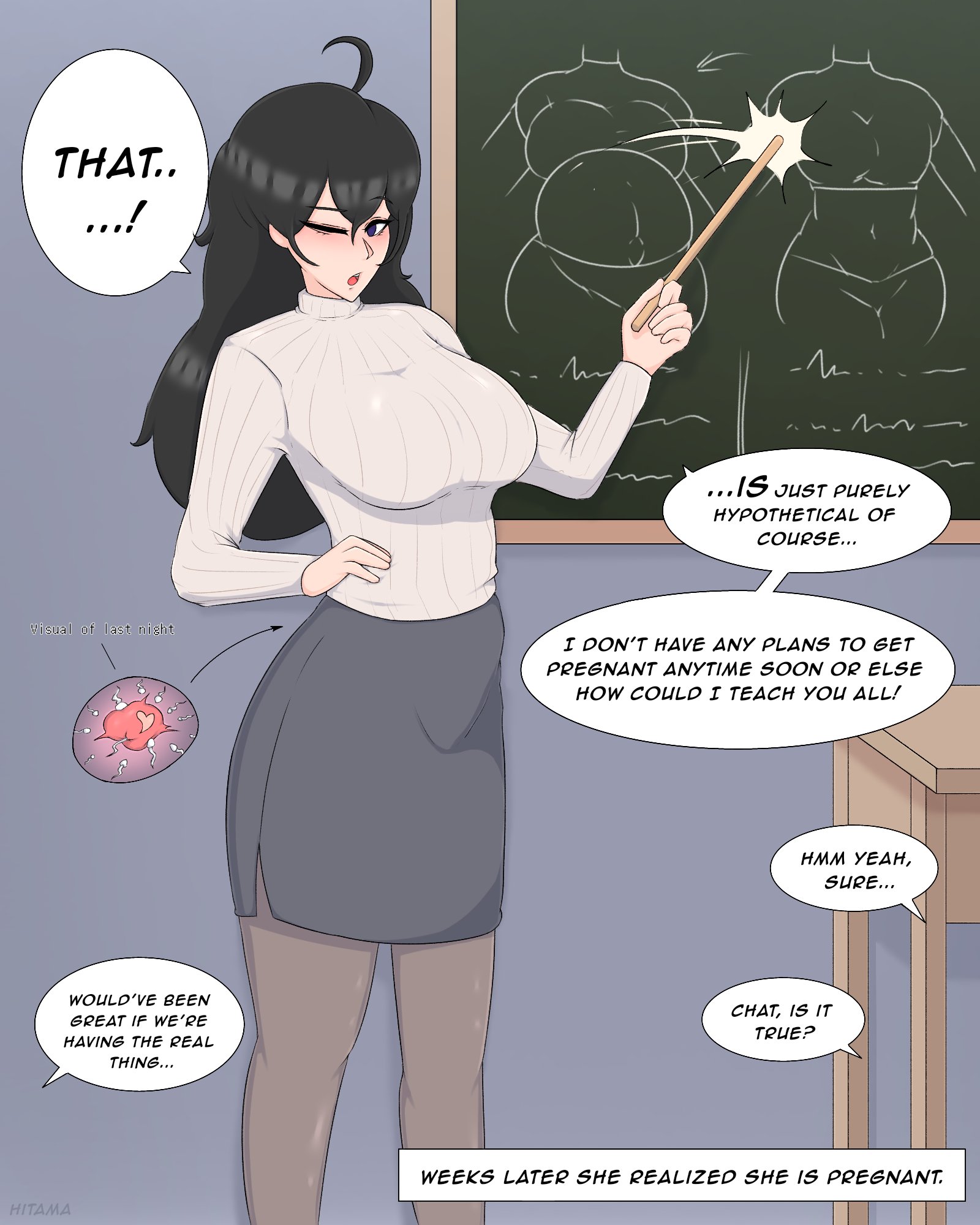 ahoge, belly expansion, big breasts, black hair, blackboard, breast expansion, comic, english text, expansion, hitama, pregnant, pregnant belly, pregnant female, teacher, teaching, teaching a lesson, text, thigh expansion