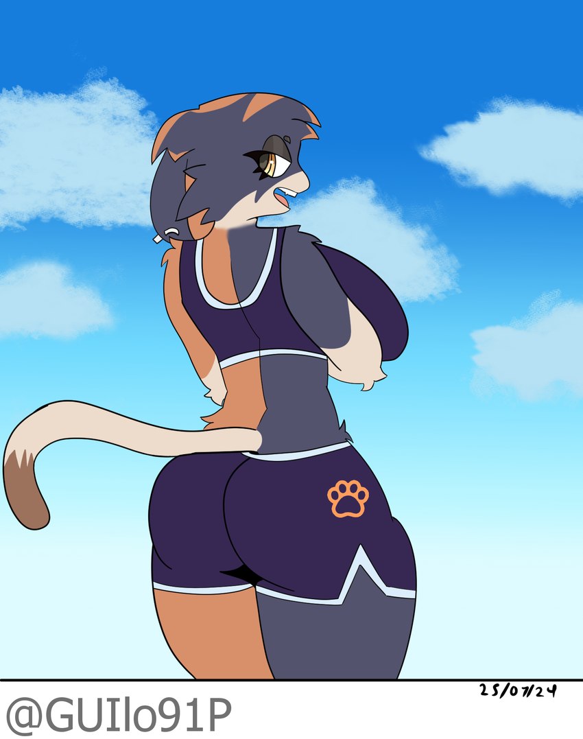 anthro athletic_wear big_ass big_breasts black_body black_clothing black_fur bottomwear bra breasts calico_cat clothing cloud dolphin_shorts domestic_cat ear_piercing ear_ring epic_games felid feline felis female fortnite fur guilo91p gym_bottomwear gym_shorts hi_res huge_breasts mammal meow_skulls_(fortnite) multicolored_body orange_body orange_fur piercing ring_piercing shorts sky solo sports_bra sportswear tail text underwear white_body white_fur yellow_eyes