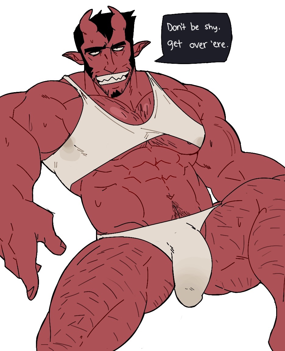 abs aries03220 bara biceps big_bulge bulge demon demon_horns devil devil_horns english_text flaccid male male_only manly muscular_male pecs red_body red_skin solo solo_male text underwear