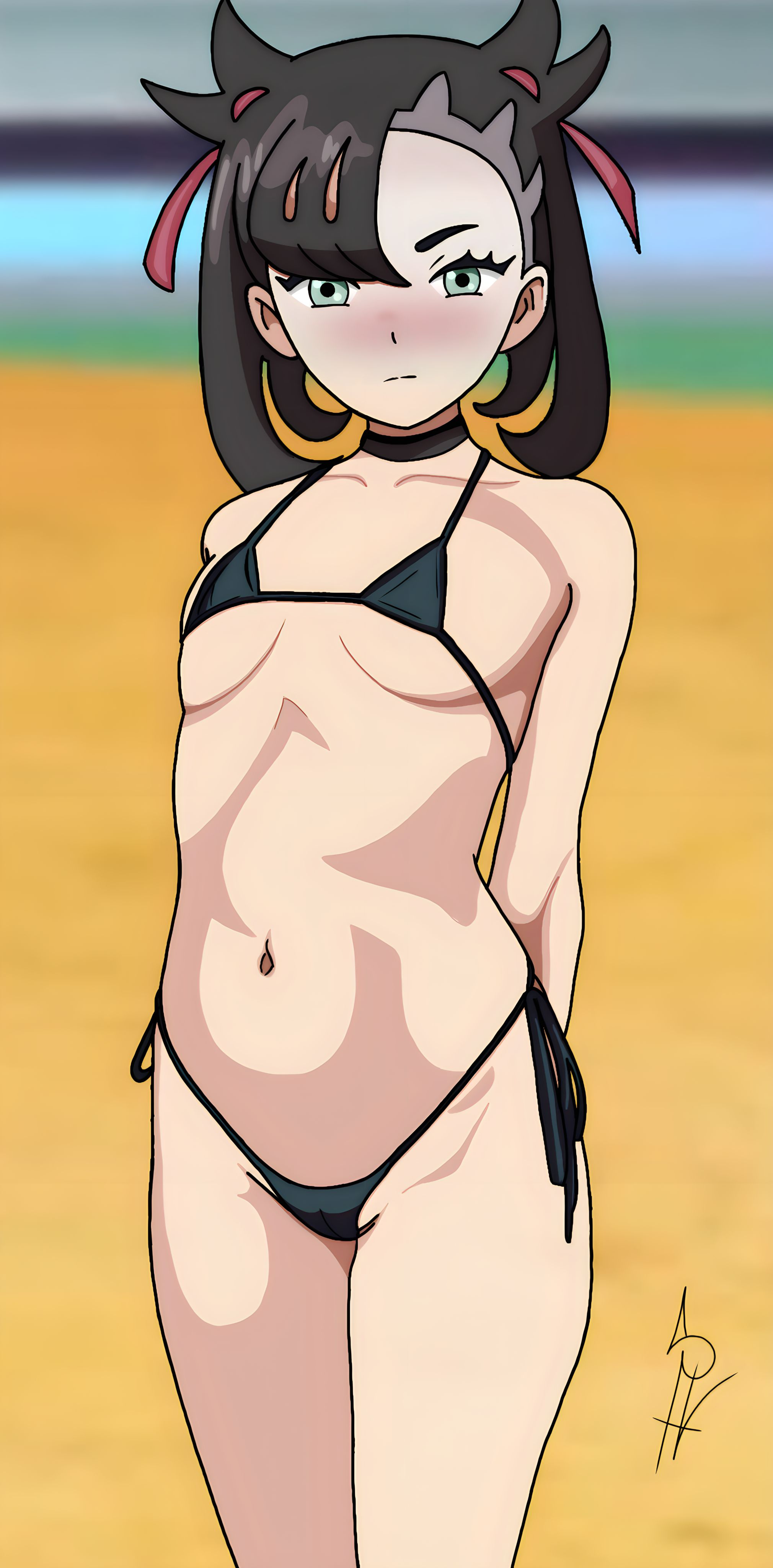 1girls, artist request, black, black bikini, breasts, dark hair, embarrassed, female, game freak, goth girl, green eyes, looking at viewer, marnie (pokemon), nintendo, pokemon, pokemon ss, small tits, young