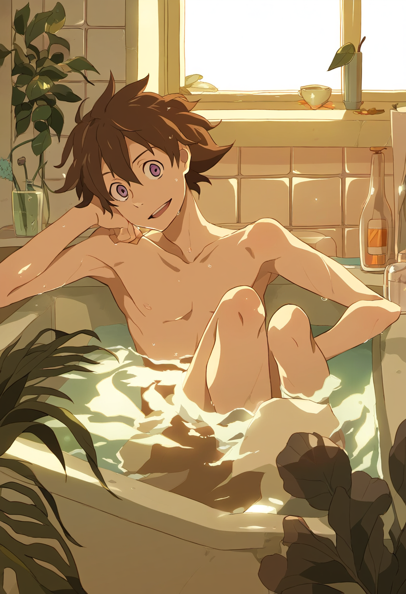 1boy ai_generated brown_hair eureka_seven male male_only renton_thurston towel