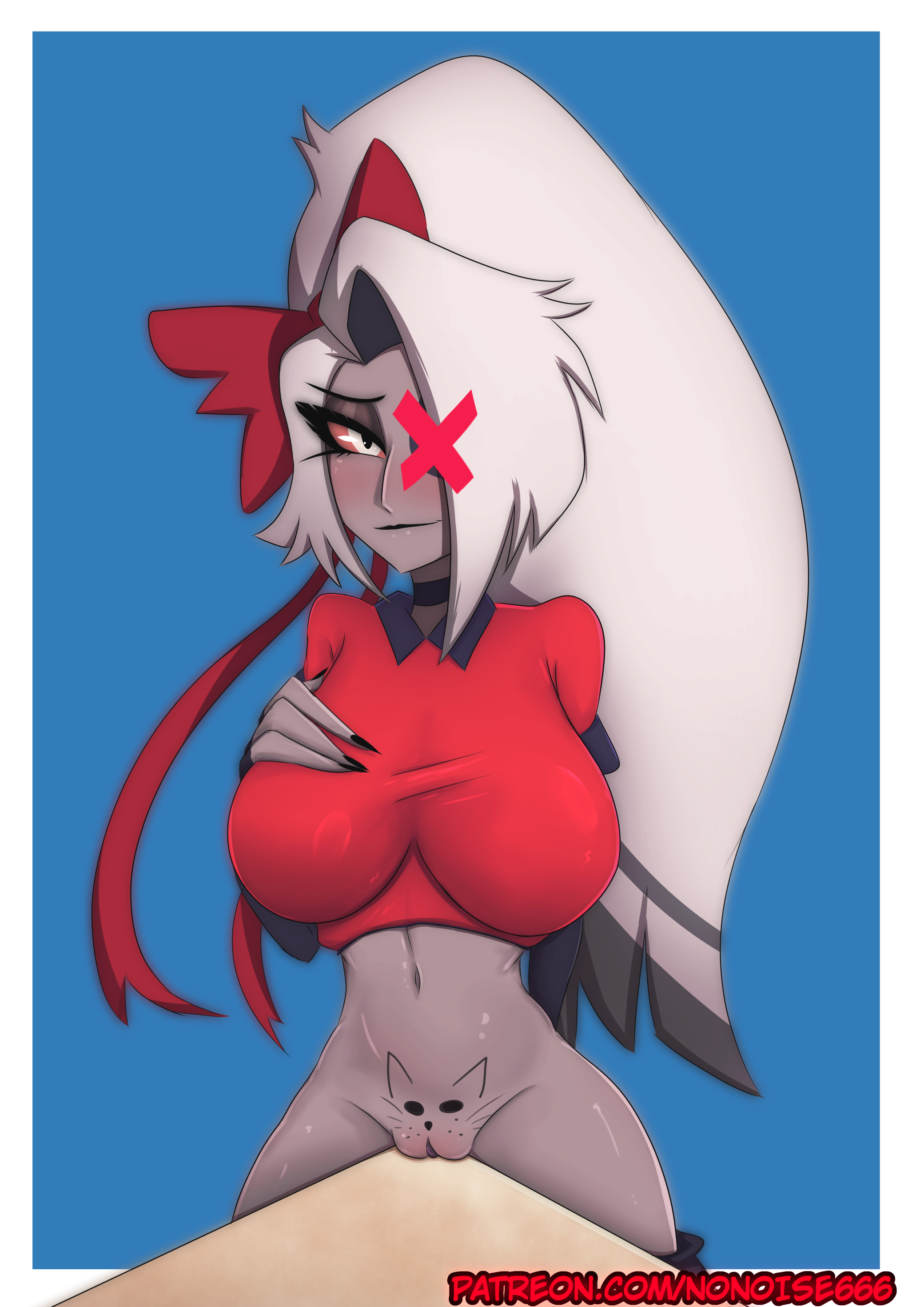 1girls, 4 fingers, amazon prime, angel, angel girl, big breasts, bottomless, bow, bowtie, breasts, cartoon, cat ears, cat eyes, cat nose, cat whiskers, choker, clitoris, clitoris peek, do you want to pet my cat (meme), drawing, drawing on body, drawing on pussy, exorcist (hazbin hotel), eyepatch, female, female only, gray body, gray hair, grey body, grey hair, grey skin, hand on breast, hazbin hotel, hazbin hotel (season 2), looking at viewer, meme, nonoise666, nose, pants down, patreon link, pink eye, pink eyes, ponytail, pussy on table, ribbon, scar, scar on face, sharpie, shirt only, smile, smiling, smiling at viewer, solo, table, tagme, uniform, vaggie (hazbin hotel), white hair, x eye, x on eye