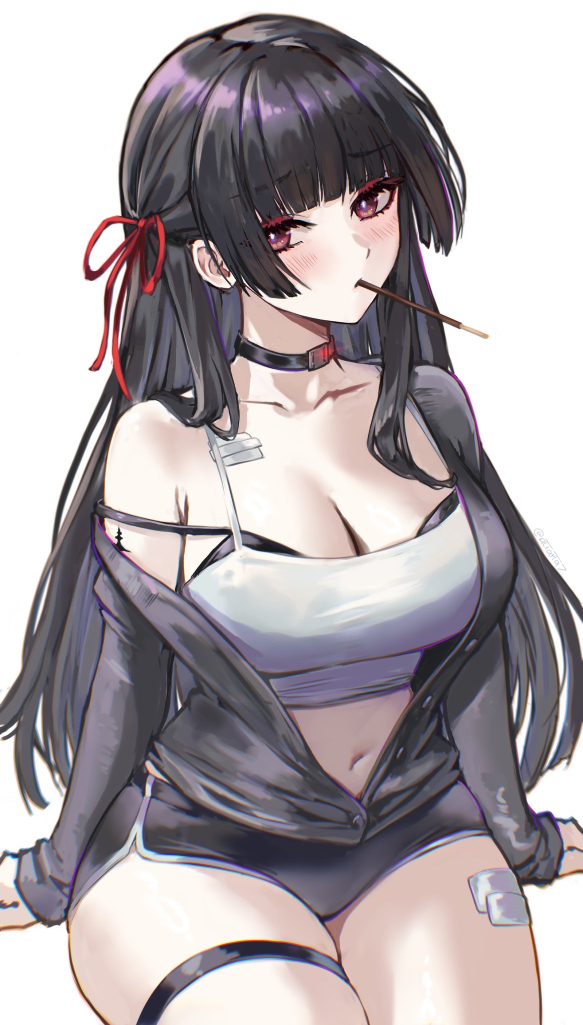 1girls, black hair, breasts, chisa (wuthering waves), exposed breasts, long hair, pocky in mouth, red eyes, thighband, undressed, wuthering waves