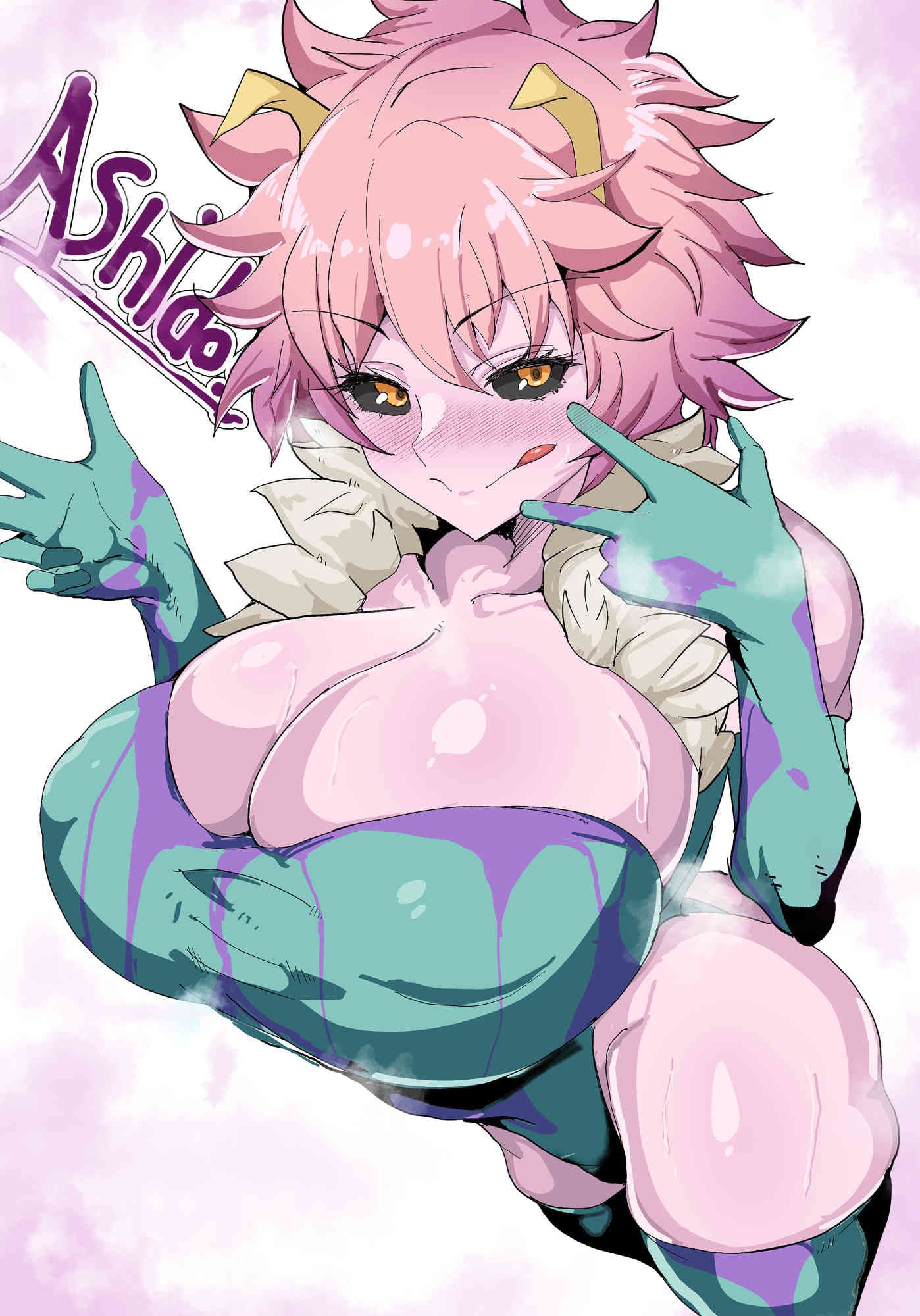 1girl 1girls amber_eyes ass big_ass big_breasts blush blushing breasts breasts_bigger_than_head bursting_breasts cleavage clothed clothed_female clothing eyebrows eyelashes female female_focus female_only fur_collar fur_trim gloves hero_outfit_(mha) hips horn horns huge_breasts huge_hips large_ass large_boobs large_breasts large_tits leotard licking_lips mina_ashido my_hero_academia nipple_bulge peace_sign pink_hair pink_skin rururu82010664 steam sweat sweatdrop sweating sweaty sweaty_body thick_thighs thighhighs tongue tongue_out twitter_link