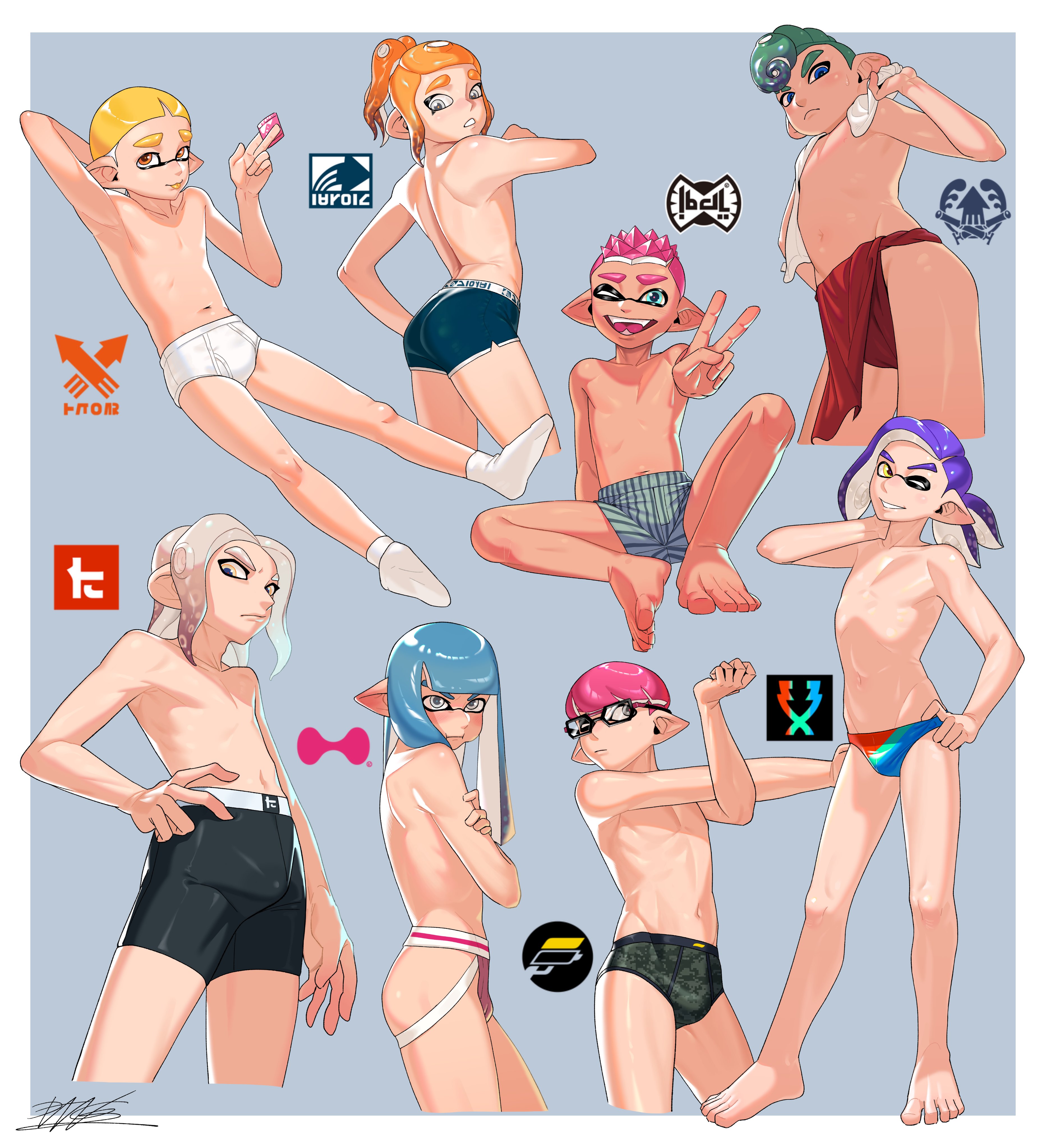 2d, 2d (artwork), 8boys, almost naked, almost nude, blue background, blue hair, boxer briefs, boxer only, boxers, boxers (clothing), boy, boys, briefs, briefs only, condom packet, condom wrapper, condoms, dangisjust, gay, glasses, glasses on face, green hair, holding condom, inkling, inkling boy, jockstrap, jockstrap only, light blue background, light skin, light-skinned male, loincloth, loincloth only, long hair, male, male focus, male only, mask (marking), mollusk, mollusk humanoid, octoling, octoling boy, octopus, one eye closed, orange hair, peace sign, pink hair, pointy ears, ponytail, pseudo hair, purple hair, round ears, short hair, simple background, skinny, skinny male, slim, slim body, slim male, socks, splatoon, splatoon (series), splatoon 2, splatoon 3, squid, tentacle, tentacle hair, thick eyebrows, tied hair, twink, underwear, underwear only, v, white hair, yellow hair