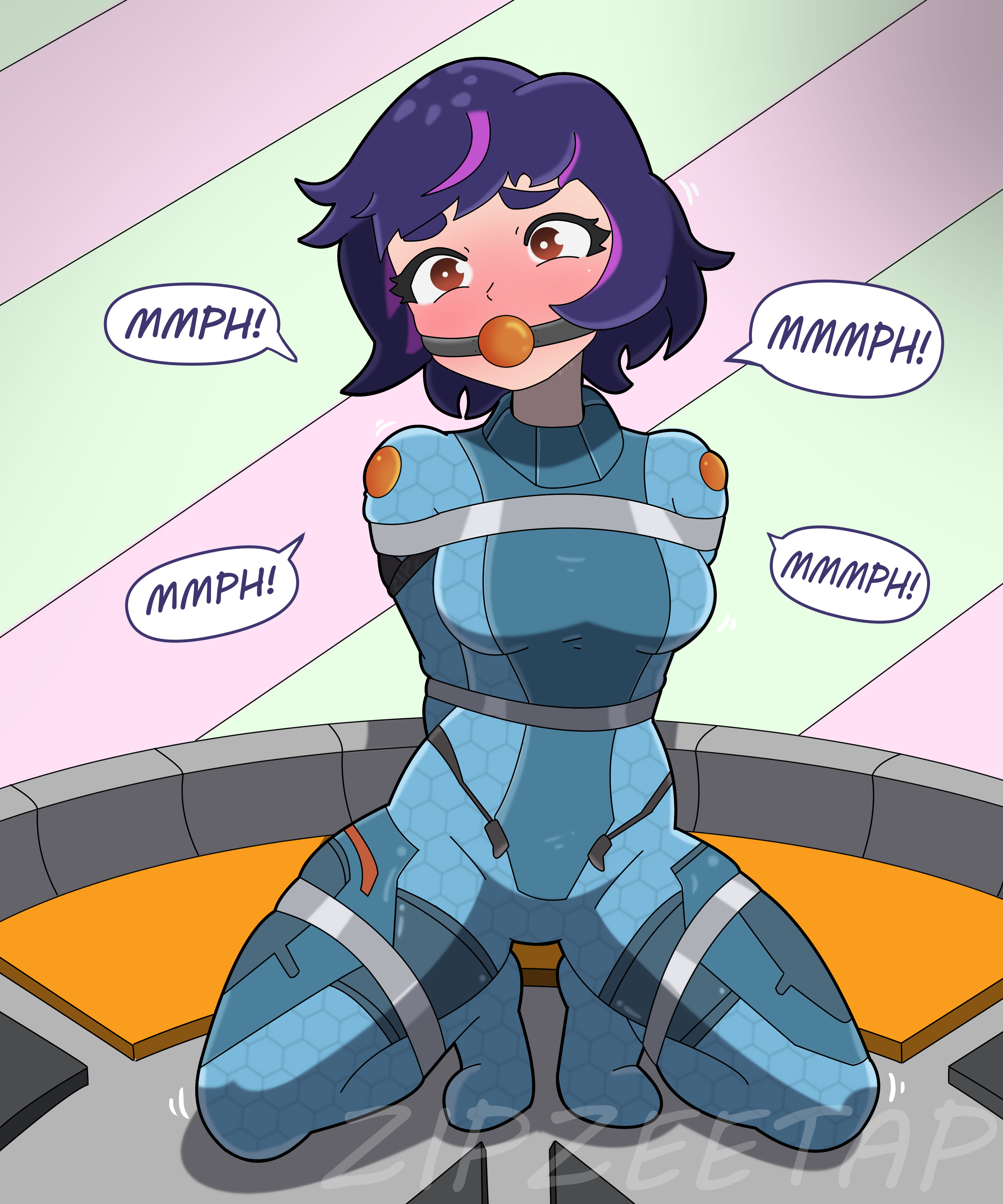 2d, artist request, ball gag, blue bodysuit, bodysuit, bondage, bound, comic, female, female only, femsub, frogtie, gag, juno (overwatch), overwatch, overwatch 2, overwatch league, purple hair, restrained, tagme, watermark, zipzeetap
