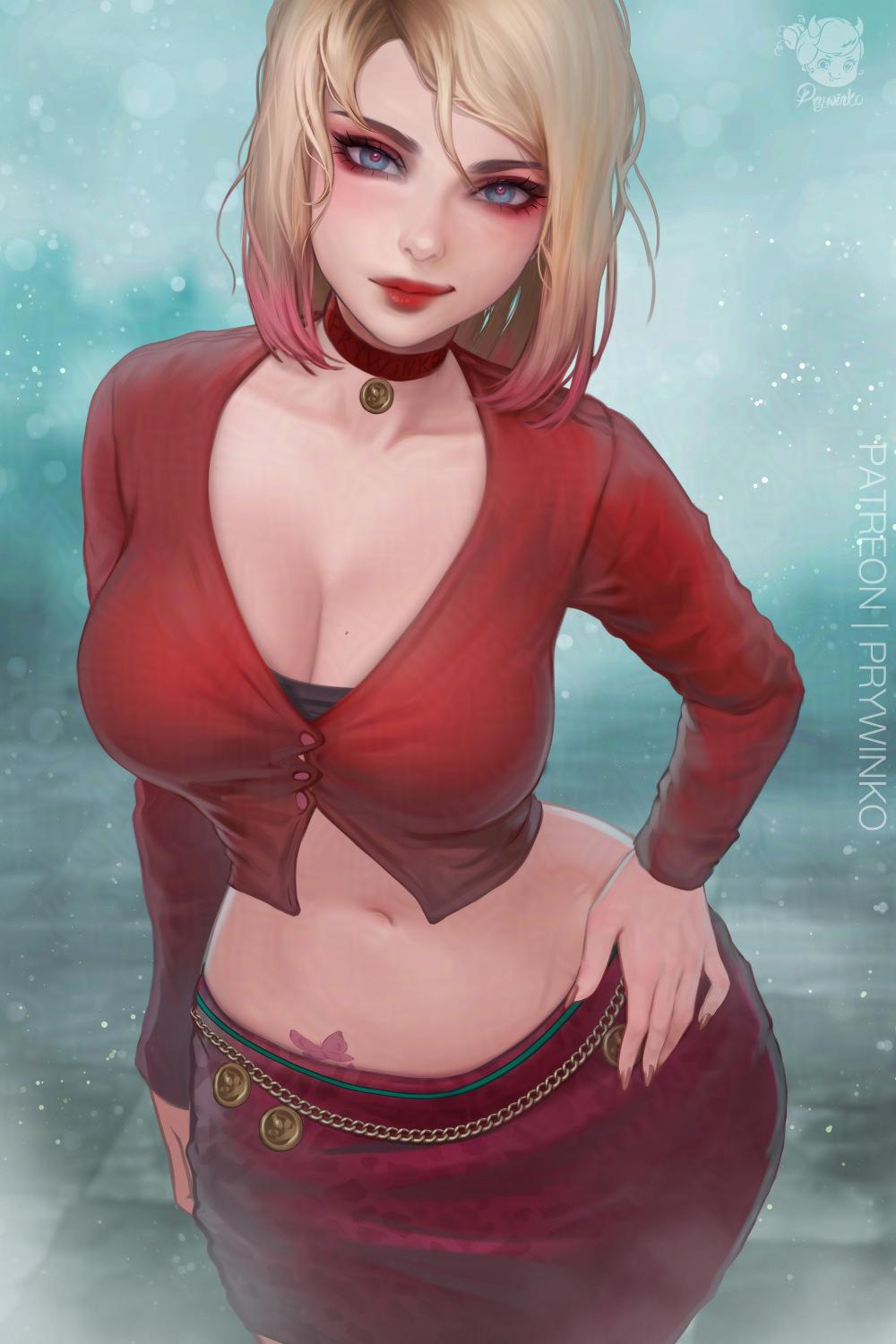 1girls blonde_hair blue_eyes choker clothing female female_only hi_res konami looking_at_viewer maria_(silent_hill) prywinko red_highlights red_lipstick silent_hill silent_hill_2 smiling smiling_at_viewer solo