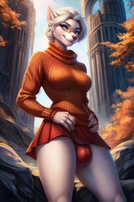 ai_generated blue_eyes futanari panty_bulge sarah_snowpaw velma_dinkley_(cosplay) white_hair wolf